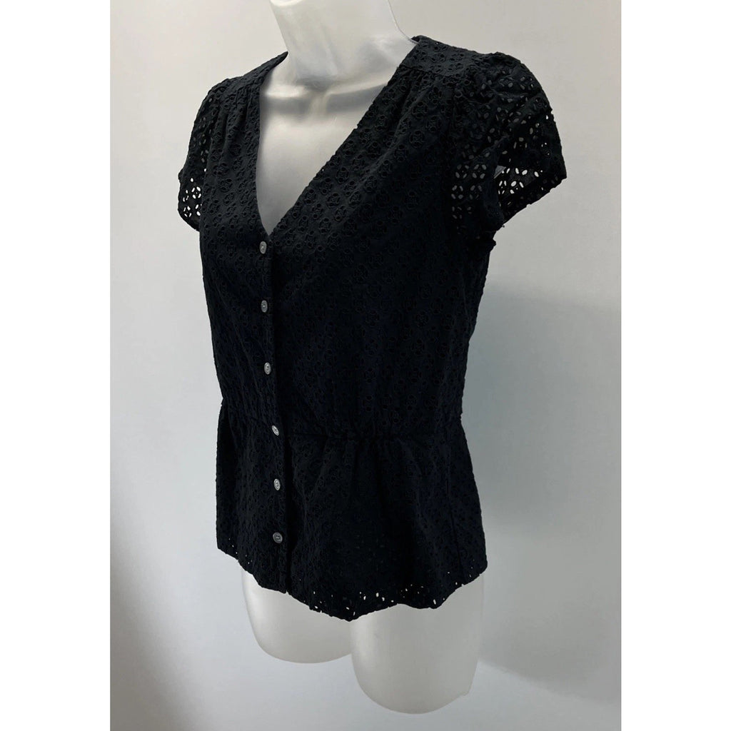 J. Crew Woman's Black Eyelet Button Front Short Sleeve Peplum Top Size 2