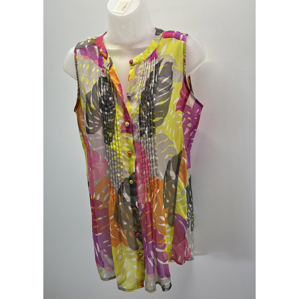 Liz Claiborne Button-Up Top SZ M Sleeveless Chiffon Floral Light & Sheer