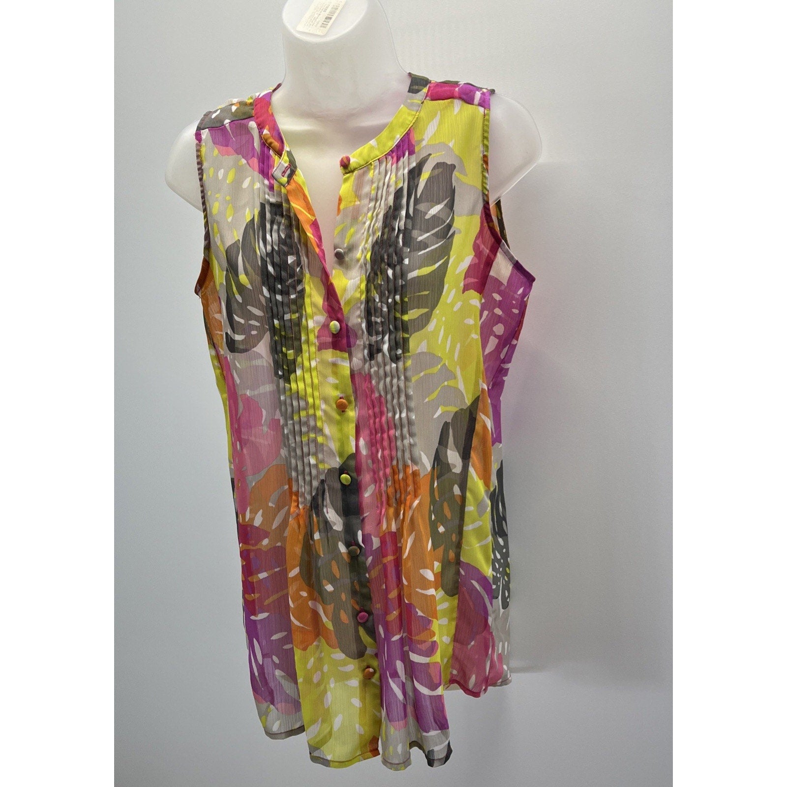 Liz Claiborne Button-Up Top SZ M Sleeveless Chiffon Floral Light & Sheer