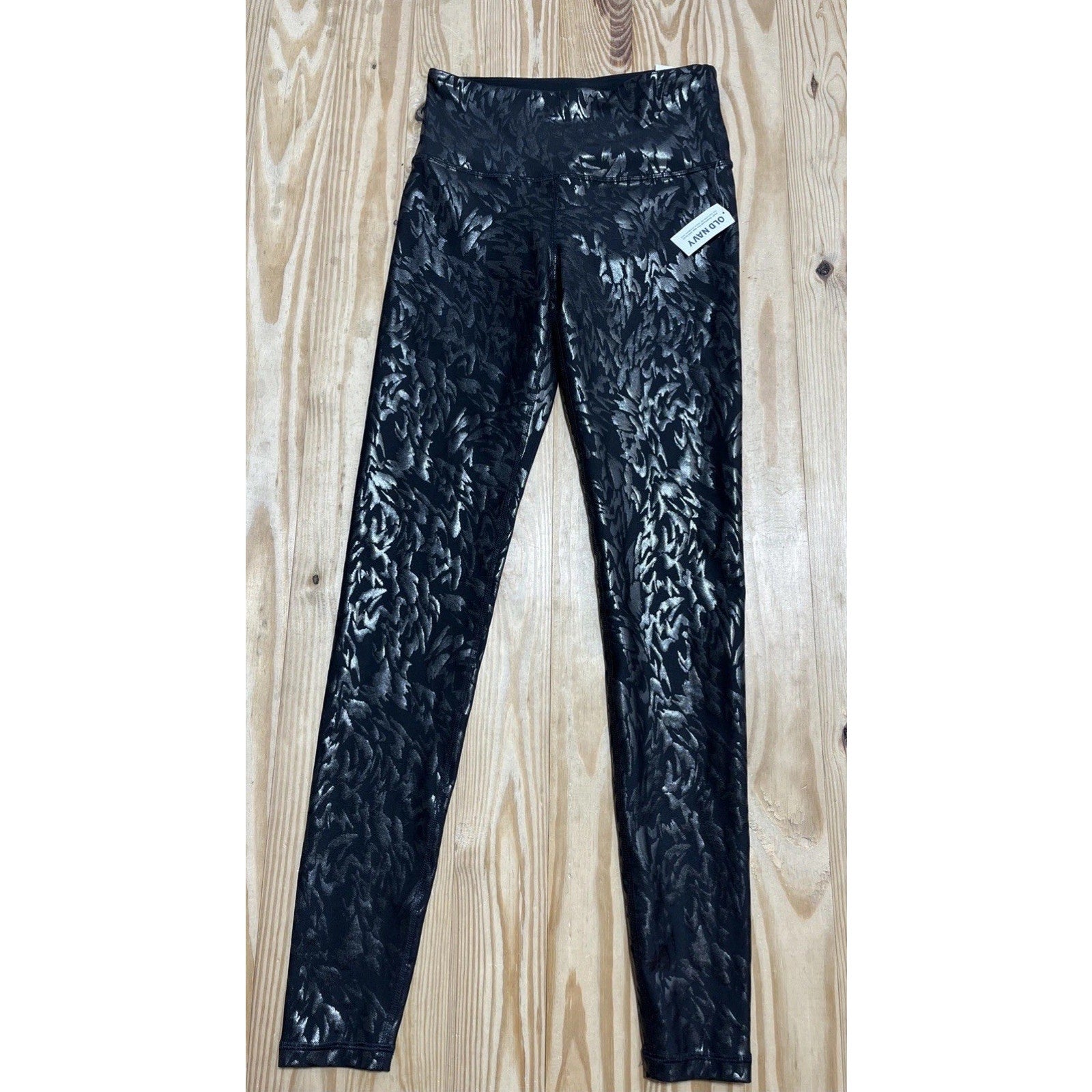 Old Navy High-Waisted PowerSoft Foil-Print Black Leggings Full Length Size S NWT