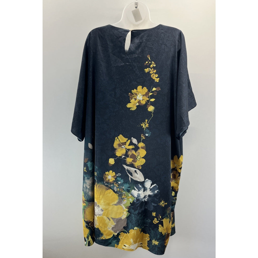 NWT Chico's 4 Navy Blue Yellow Floral Satin Kimono Dress Lined