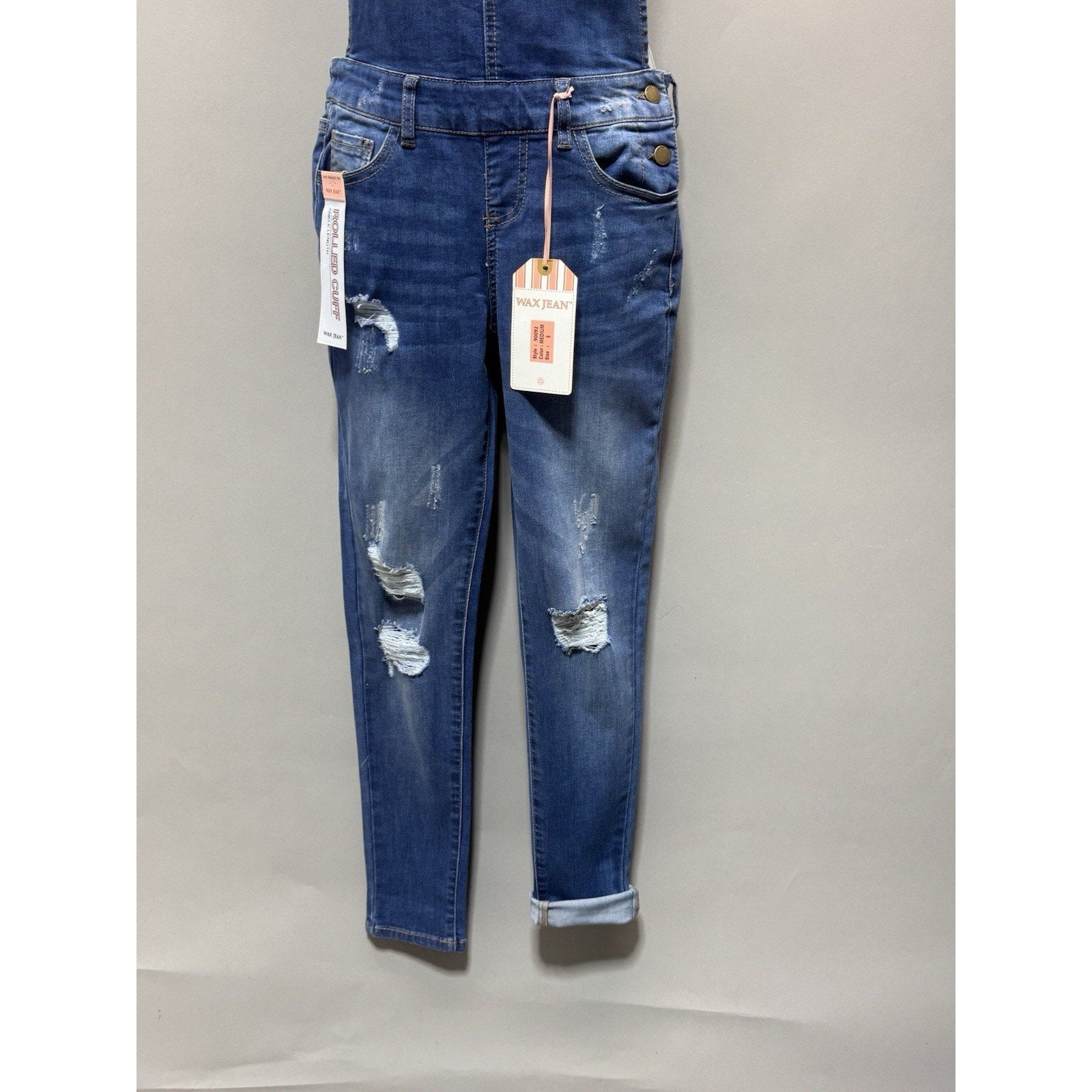 Wax Jean Denim Overalls Womens Small Distressed Skinny Ankle Bib Medium Wash