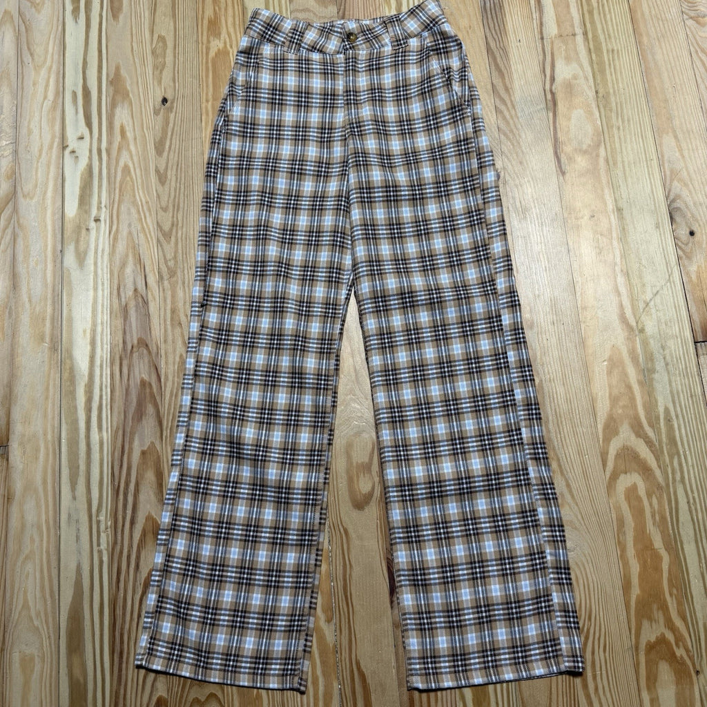 Hollister High Rise Baggy Pants Womens 00R W23 Brown Blue Plaid Wide Leg Y2K