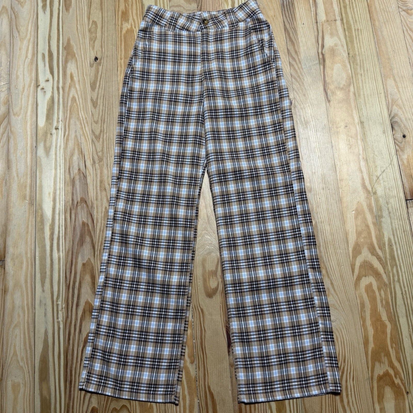 Hollister High Rise Baggy Pants Womens 00R W23 Brown Blue Plaid Wide Leg Y2K
