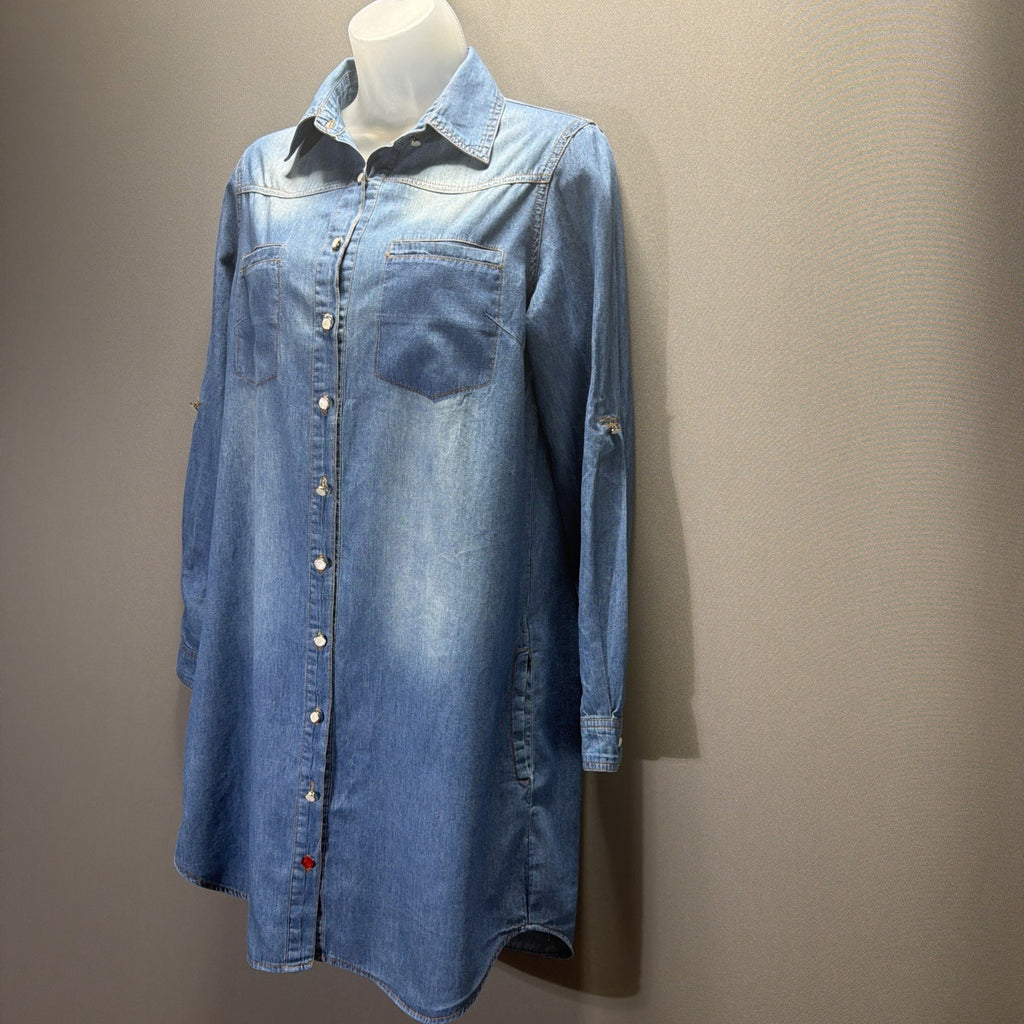 Leshop Denim Chambray Shirt Dress Oversized Fit & Flare Long Sleeve w/Pockets S