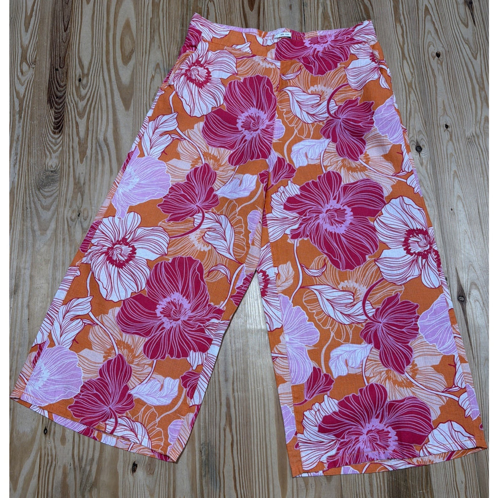 Rachel Zoe 100% Linen Floral Print Cropped Wide Pants Size M