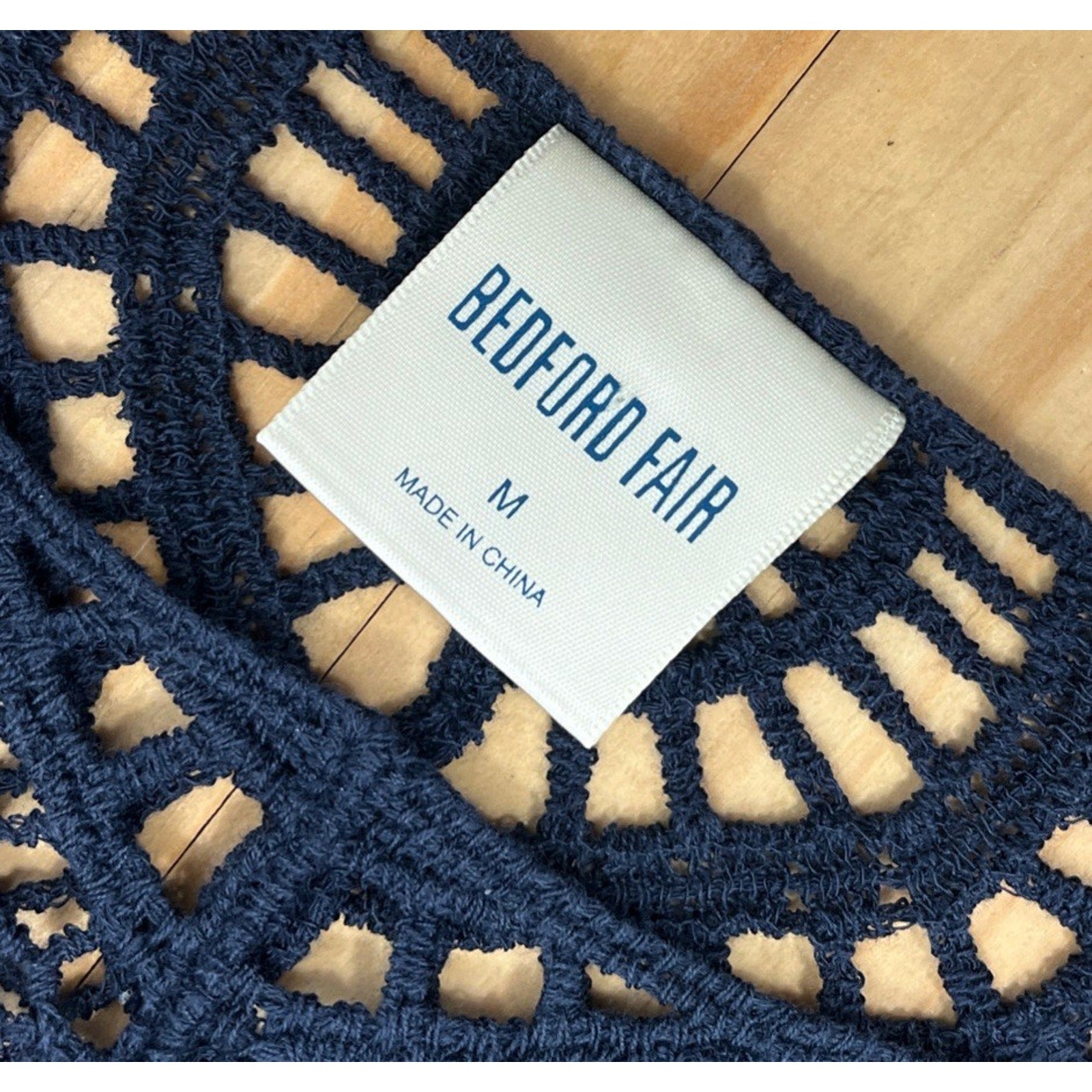 Bedford Fair Top Crochet Blue Open Knit Short Sleeve Women's M