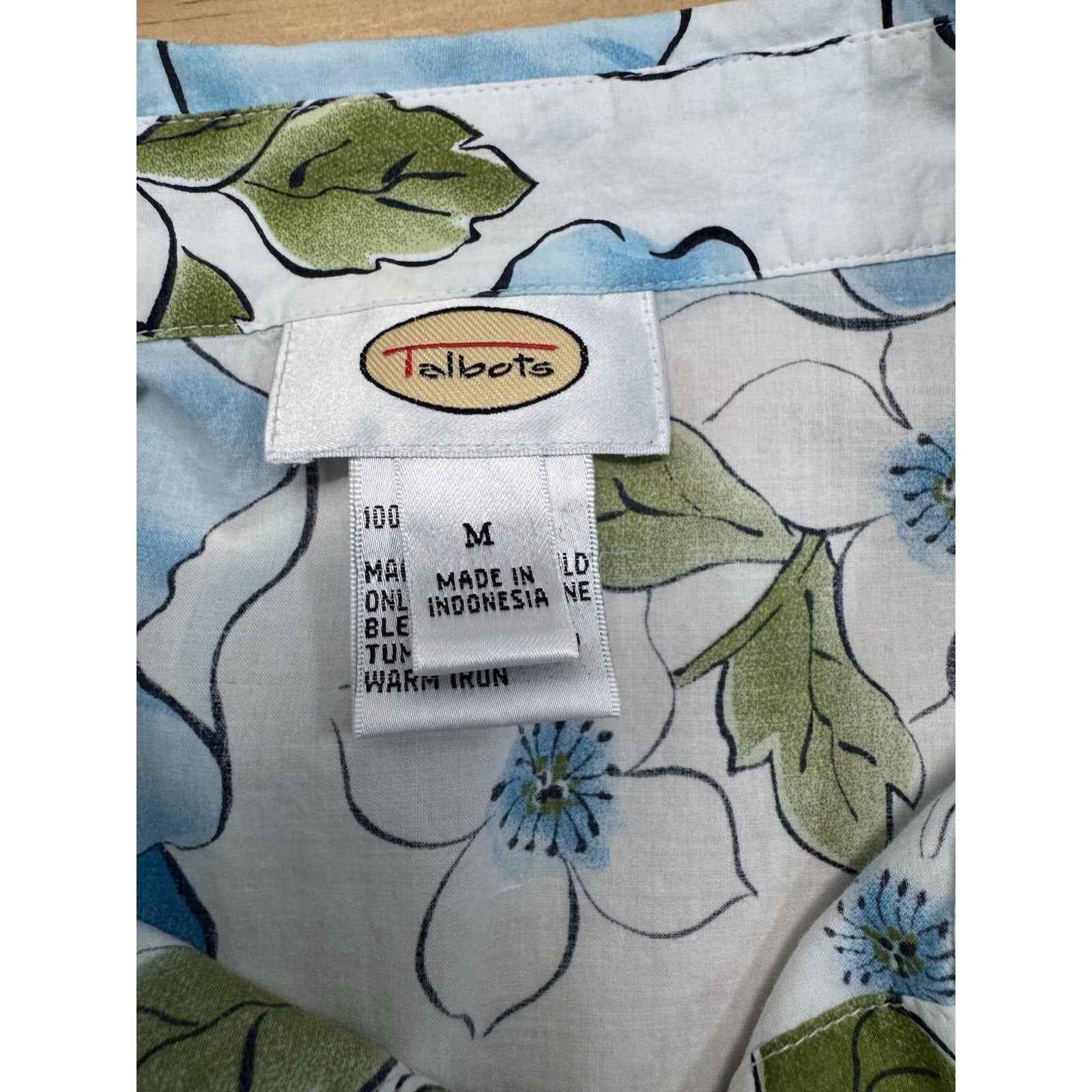 Talbots Blue Green Tropical Palm Tree Beach Blouse Shirt Top Travel Women’s M