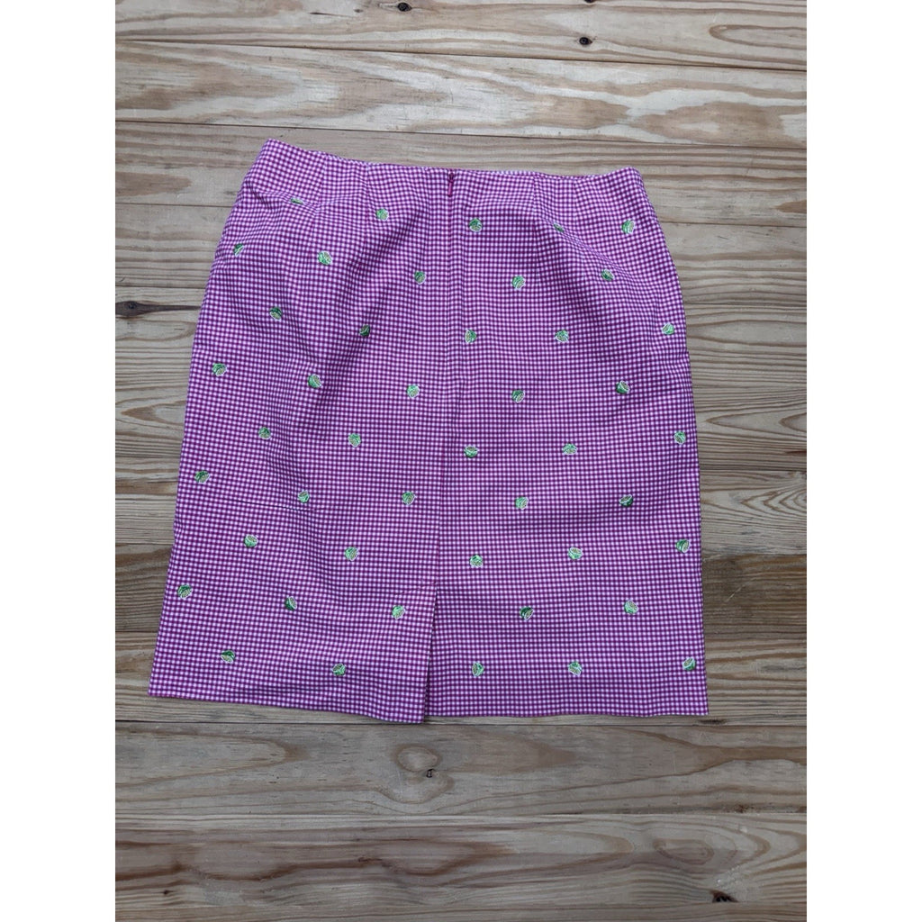 Talbots Skirt Pink Gingham Check Embroidered Green Lime Lined Cotton Women’s 10
