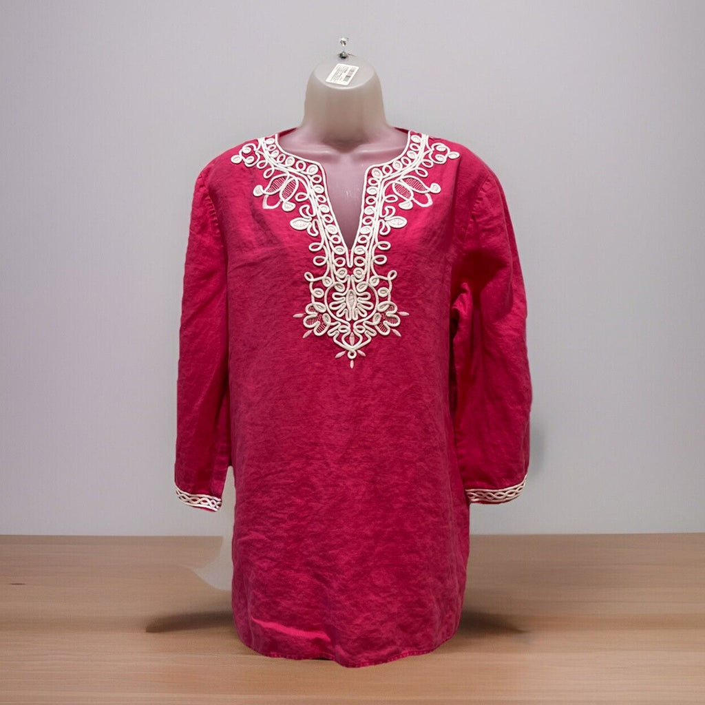 Jones New York Embroidered 100% Linen 3/4 Sleeve V Neck Blouse Pink Sz XL