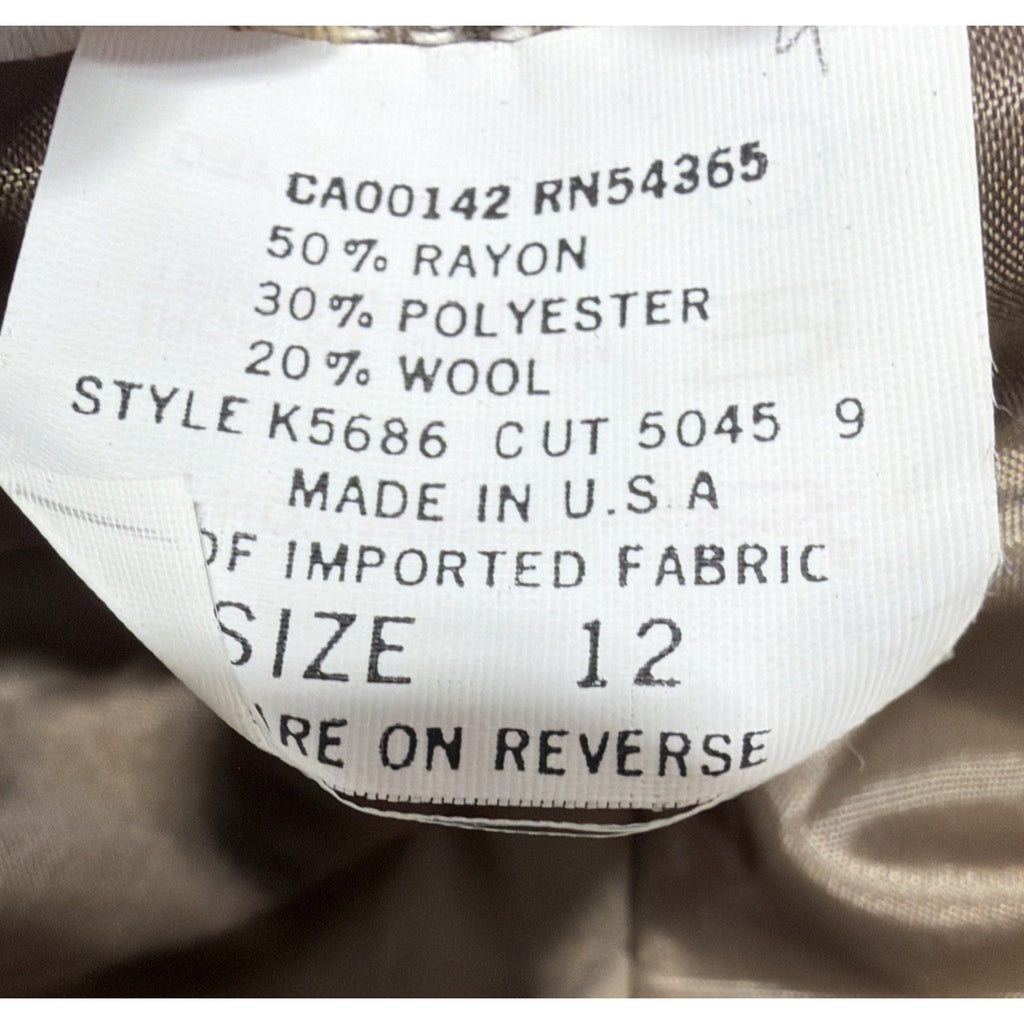 Vintage Women's Tan Jay Sz 12 Wool Blend Houndstooth BLAZER Jacket Made In USA