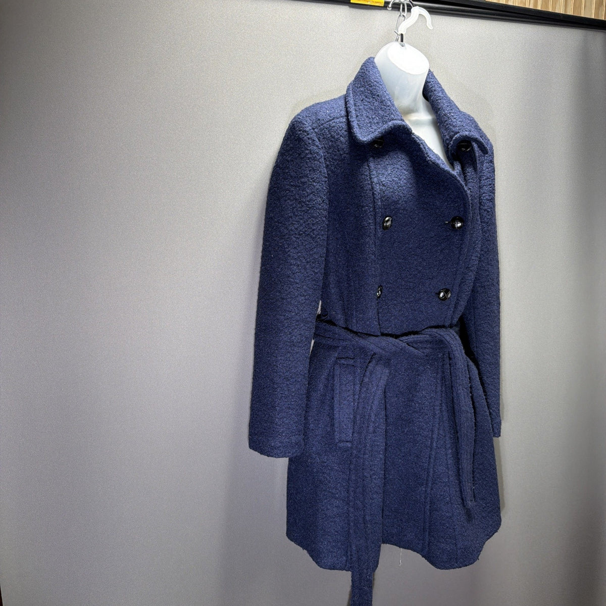 Express Coat Womens Large Blue Boucle Wool Blend Belted Double Breasted Peacoat