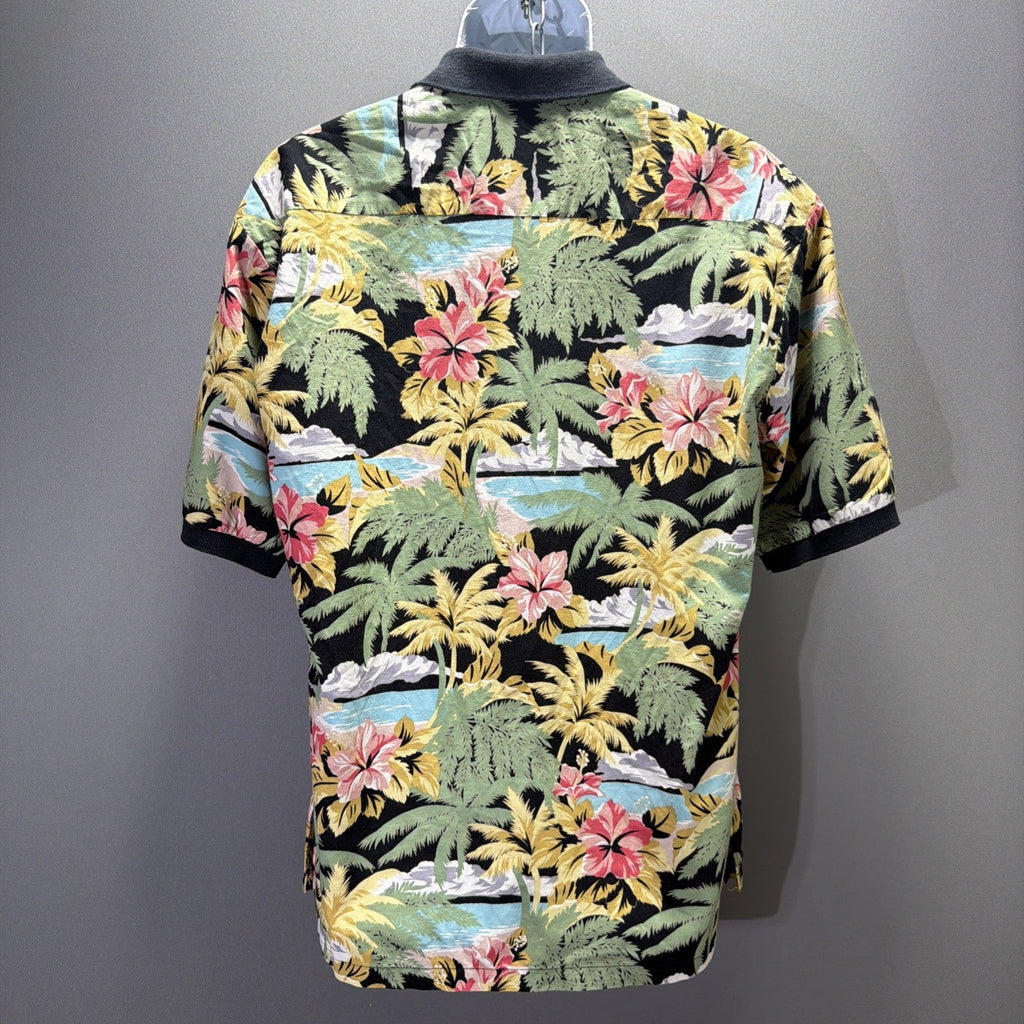 Cooke Street Polo Shirt Mens Medium Black Hawaiian Floral Cotton Knit Top