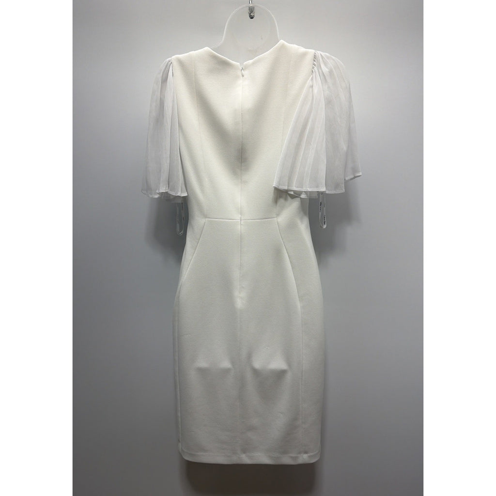 CALVIN KLEIN FLUTTER CHIFFON SLEEVE W/ BUTTONS SHEATH DRESS, WHITE, SIZE 6