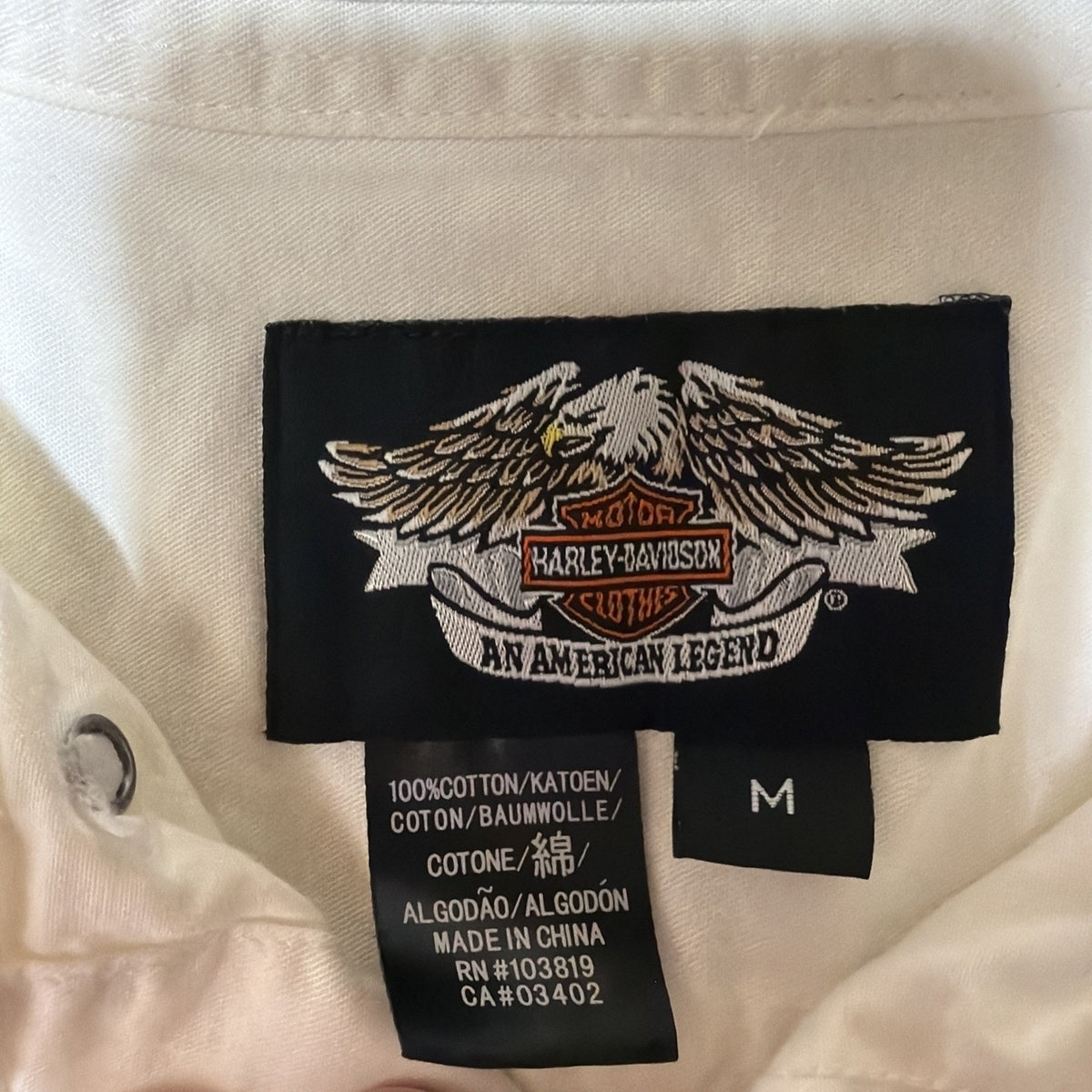 Harley Davidson M White Buttoned Embroidered Logo Flames Button Up Shirt