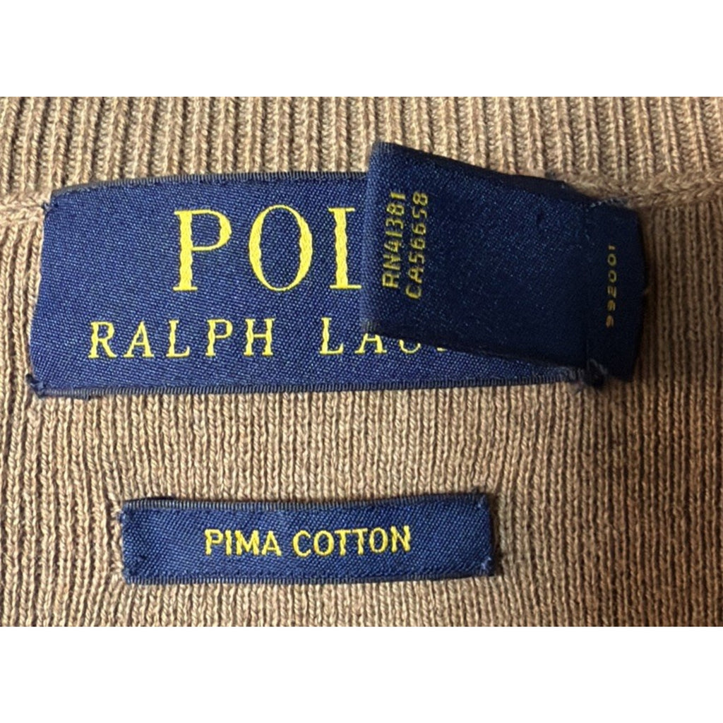 Polo Ralph Lauren Tan Pima Cotton Long Sleeve Sweater Burgundy Pony Size Medium