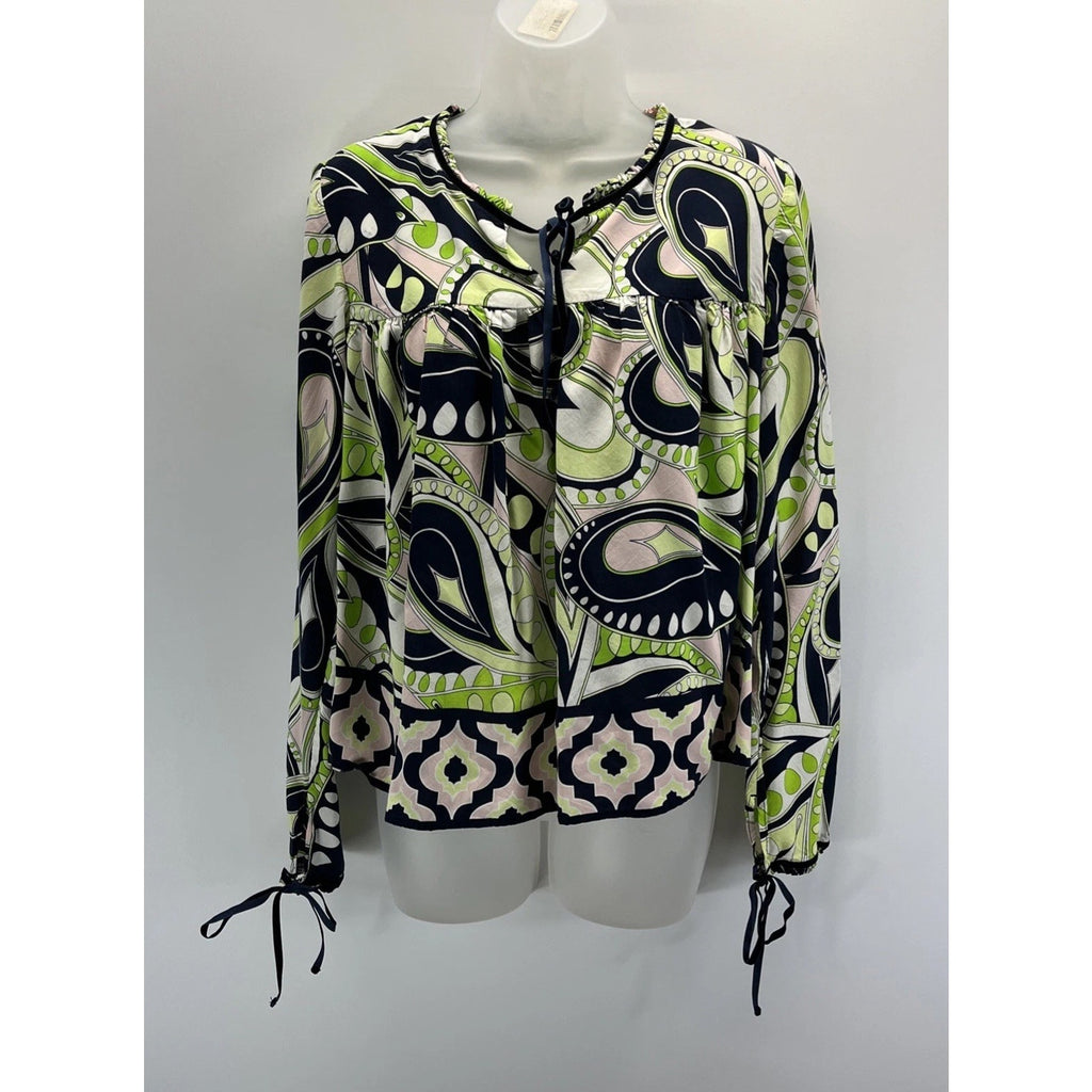 CROWN & IVY Navy/Green/Pink Womens Bohemian Shirt w/Velvet Ties Size M