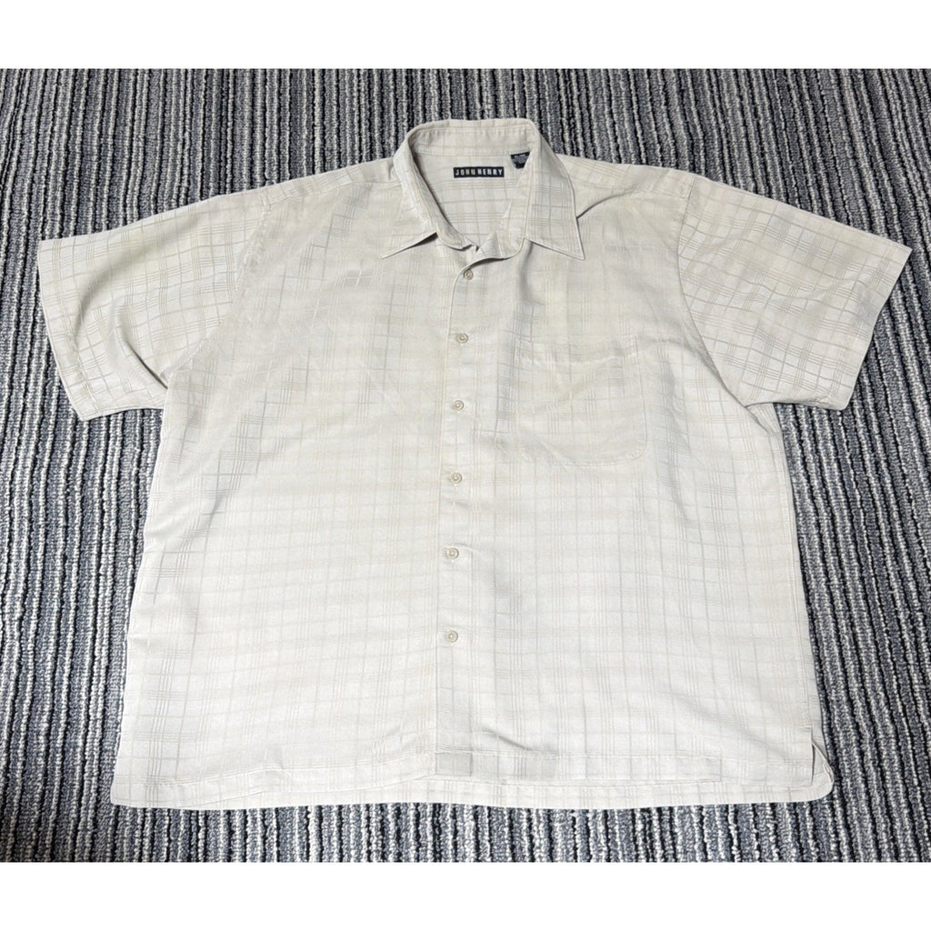 Vintage John Henry Mens Button Up Shirt XL Biege Windowpane Short Sleeve