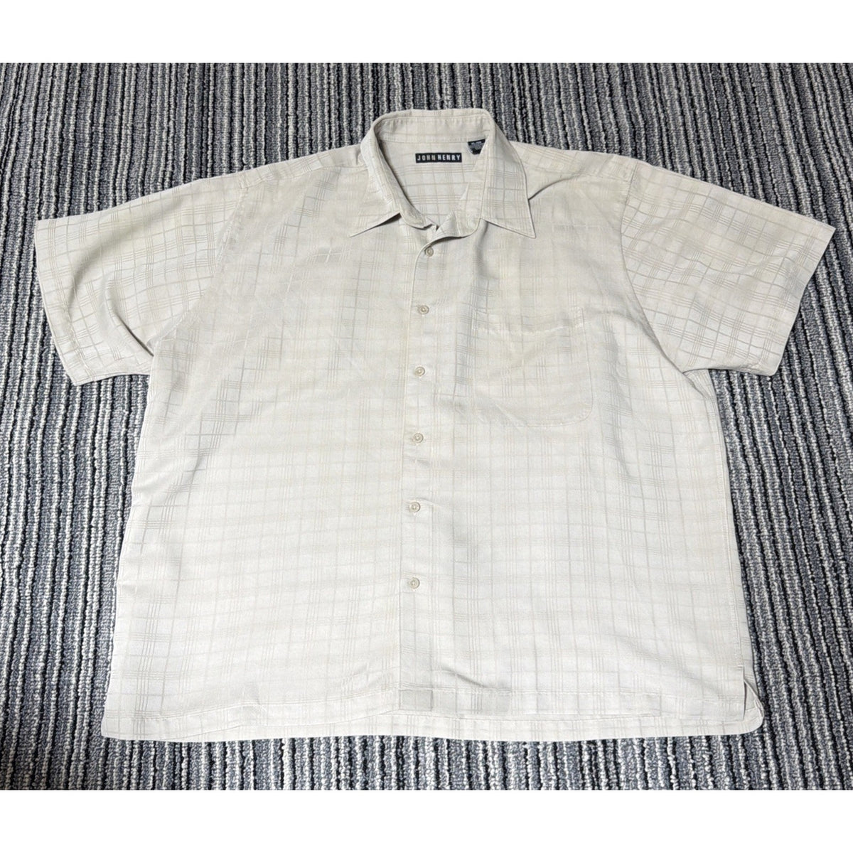 Vintage John Henry Mens Button Up Shirt XL Biege Windowpane Short Sleeve
