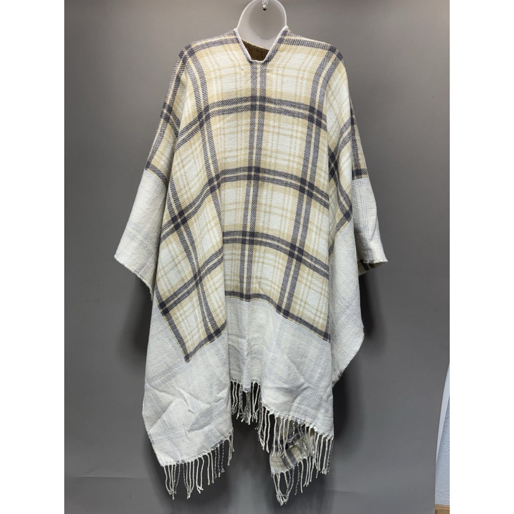 NWT Origami by Vivien Oversized Plaid Poncho Shawl Wrap Fringe One Size Ivory