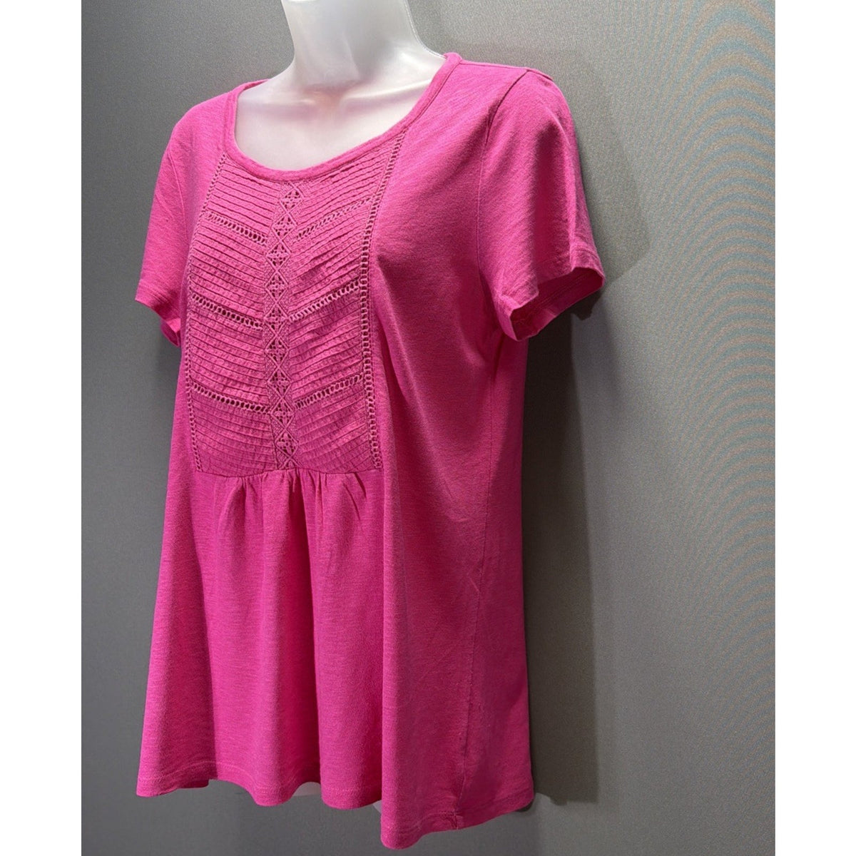 Talbots T-Shirt Top Womens Size Small Pink Crochet Round Neck Sleeve Cotton Knit