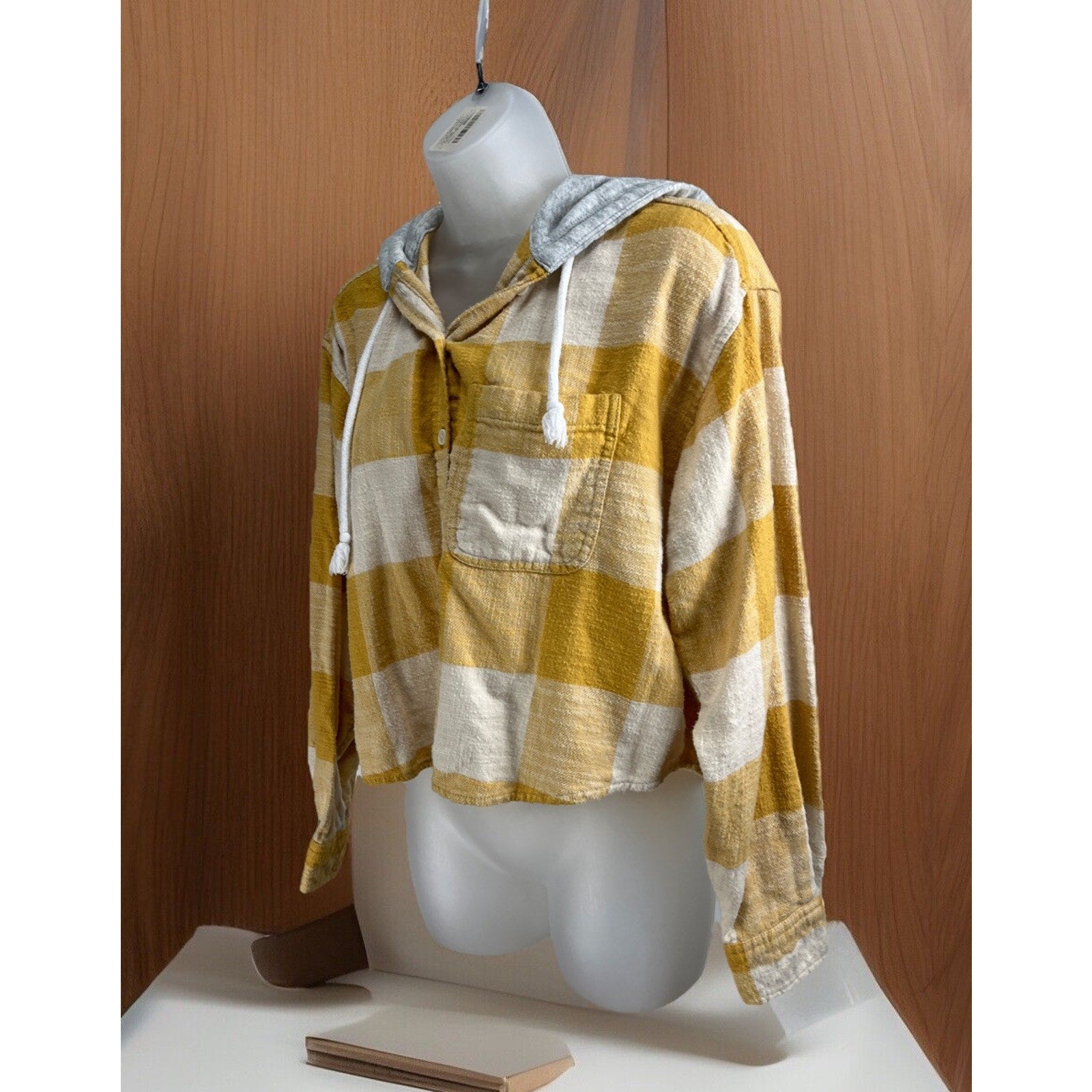 American Eagle Flannel Shirt Yellow Ivory Hooded Button Up Long Sleeve Size M