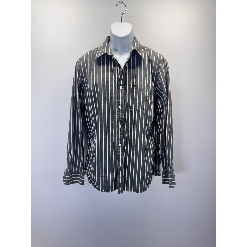 AMERICAN EAGLE Men's Green and White Long Sleeve Striped Button Down Shirt Large