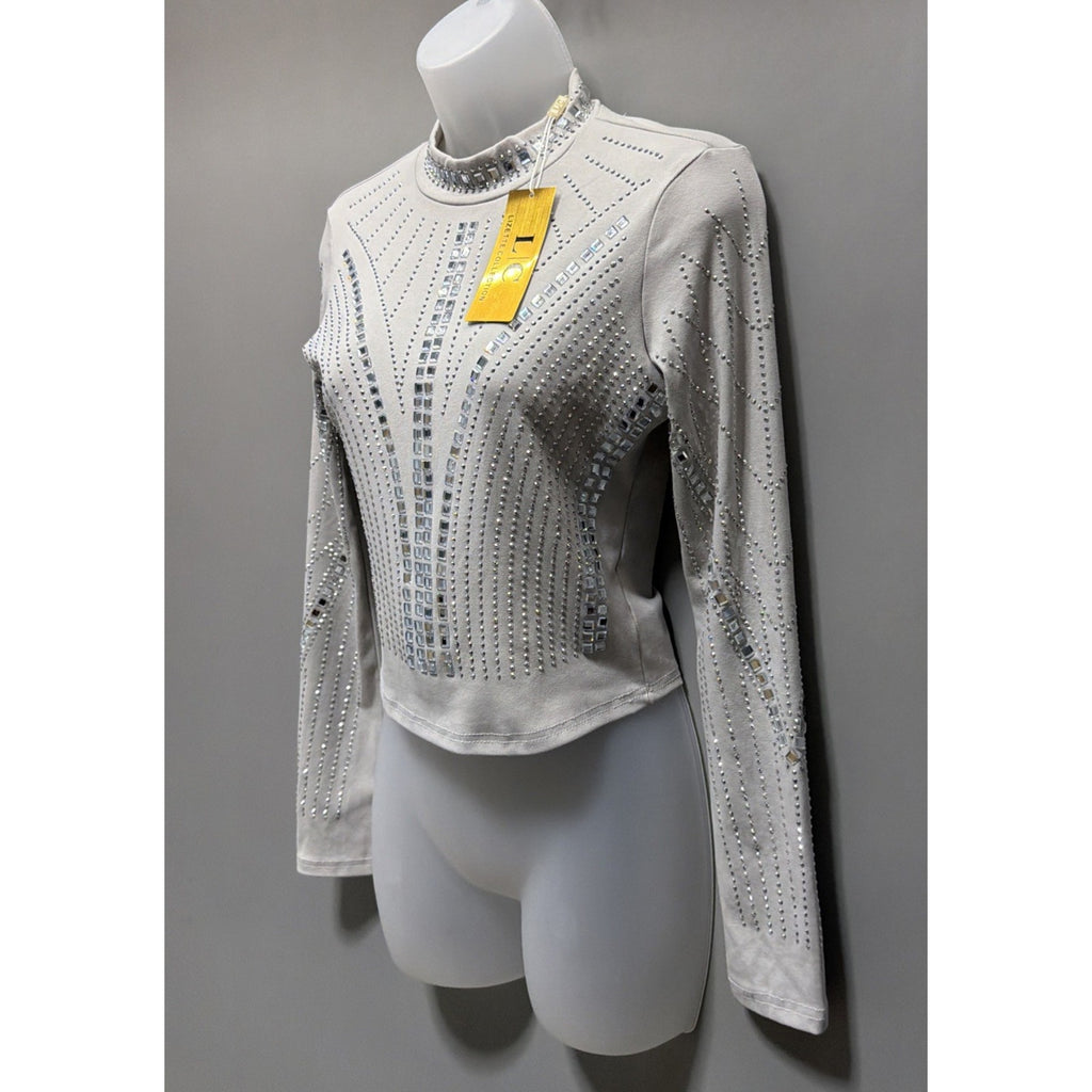 NWT LC Lizette Collection Gray Rhinestone Studded Crop Top Shirt Medium