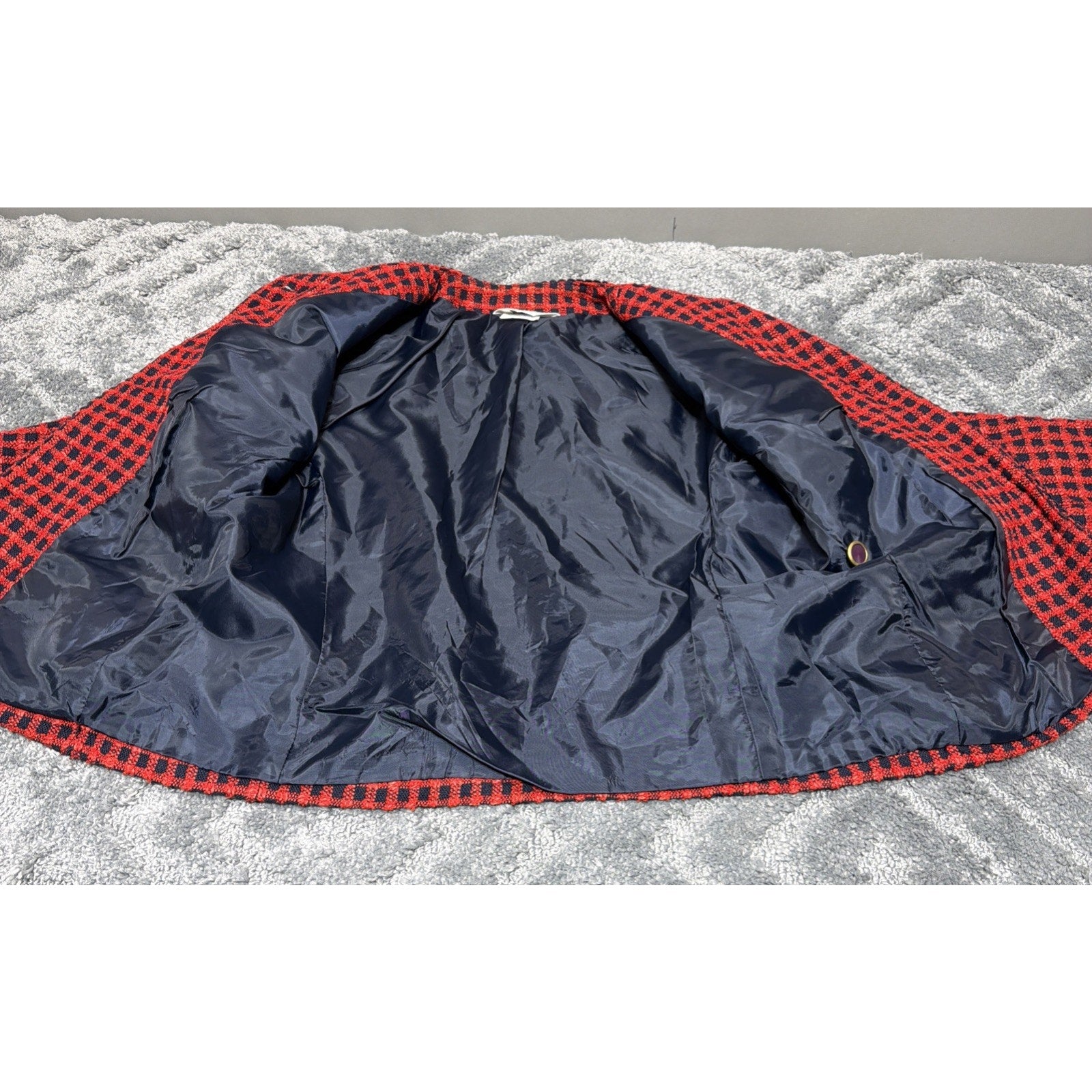 Tan Jay Women Red Navy Plaid Wool Blend Blazer Jacket Size L VINTAGE Classic