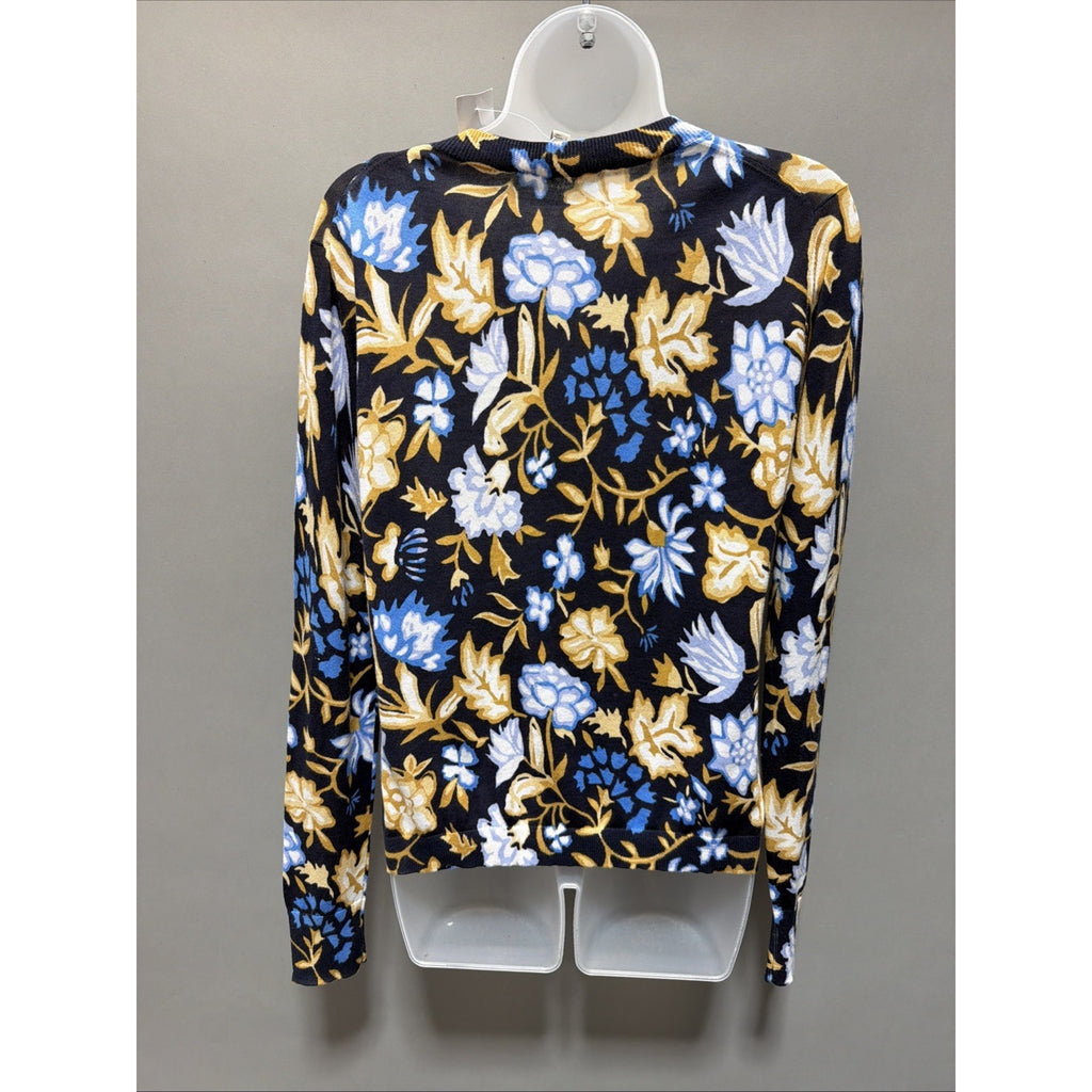 New Loft Size S Navy Blue Gold White Floral Print Button Front Cardigan Sweater