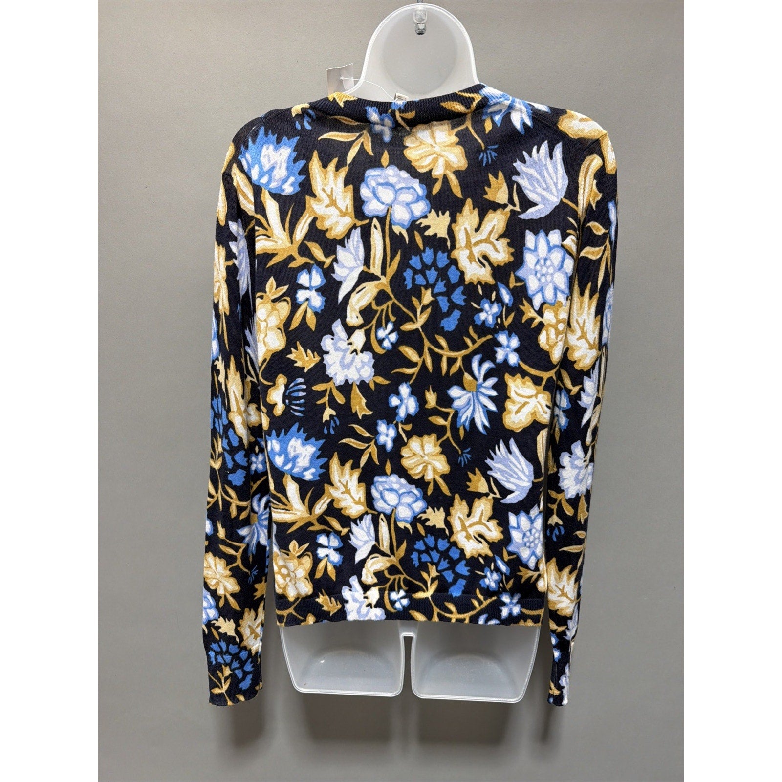 New Loft Size S Navy Blue Gold White Floral Print Button Front Cardigan Sweater
