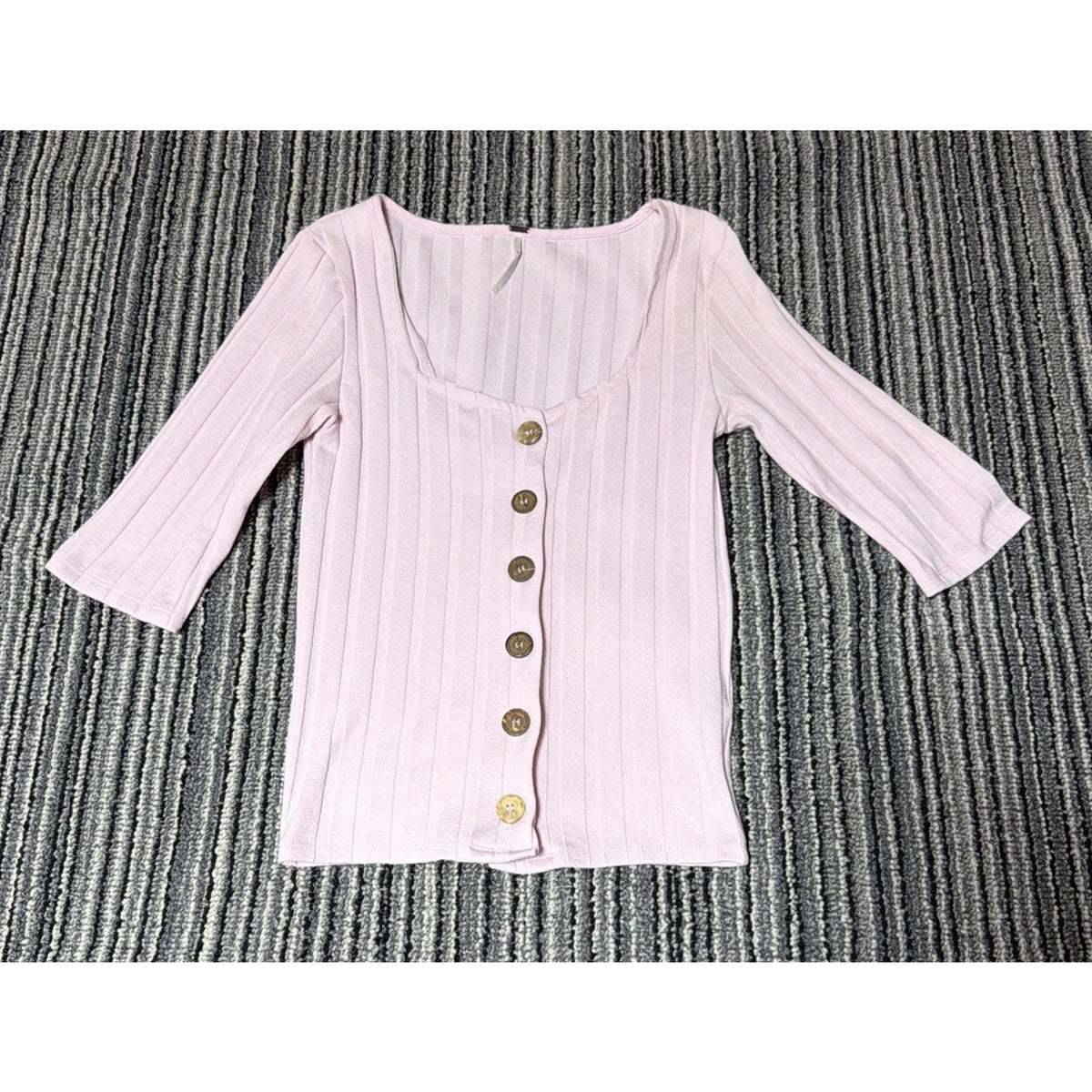 Free People Top Blush Scoop Neck Ribbed Button Front 3/4 Sleeve Small Stretch