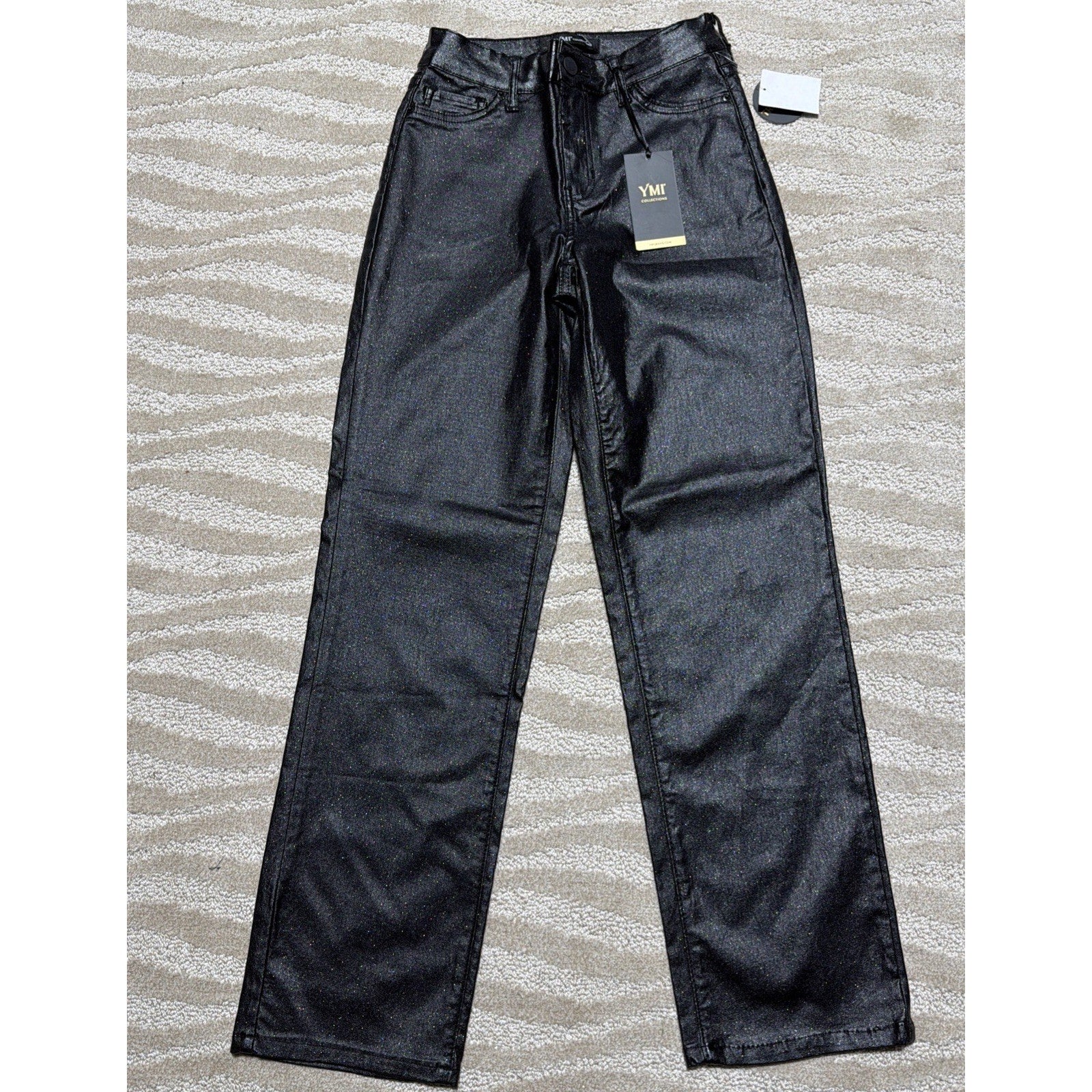 YMI Collection Black High Rise Metallic Straight Leg Pants Super Stretch M NWT