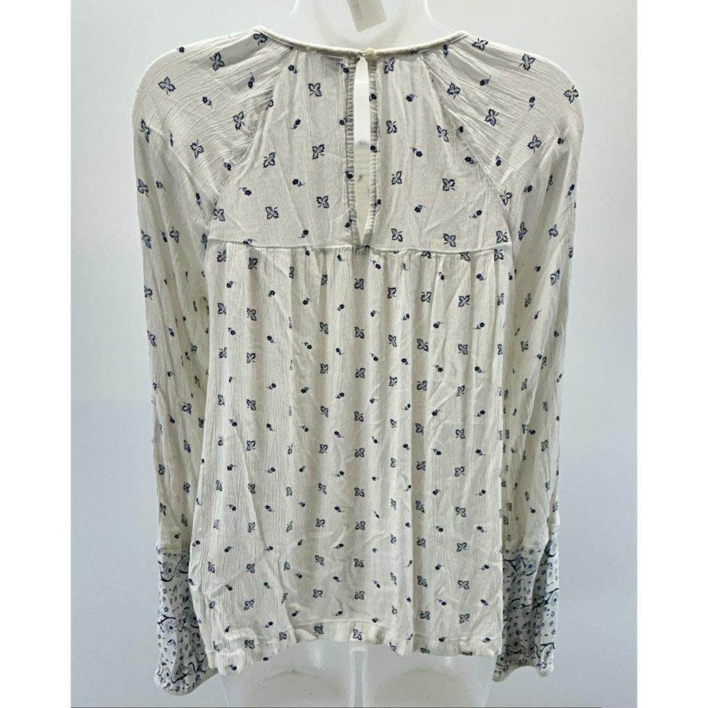 Old Navy Women’s Blouse M White & Blue Floral Boho Peasant Ballon Sleeve Casual.