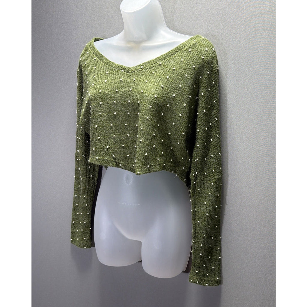 PPLA Swiss Dot Long Sleeve Sweater Size S Oversized Cropped Cozy Green
