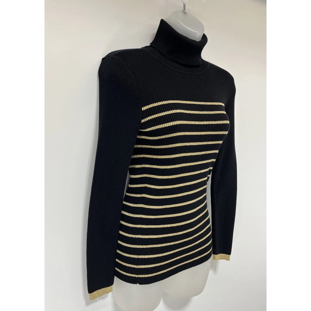 Lauren Ralph Lauren black golden metallic stripped turtle neck sweater size S