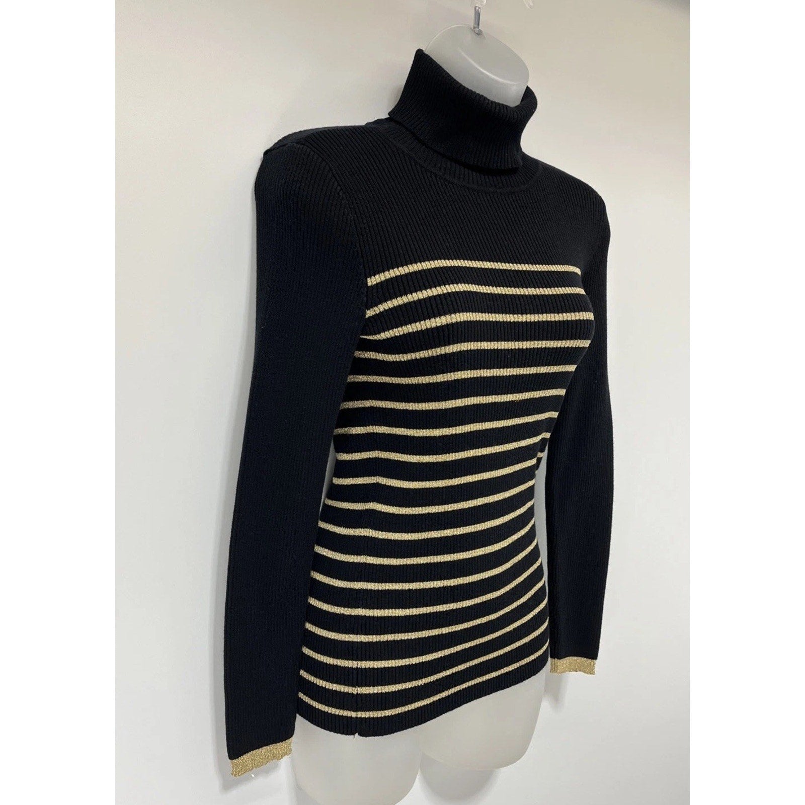 Lauren Ralph Lauren black golden metallic stripped turtle neck sweater size S