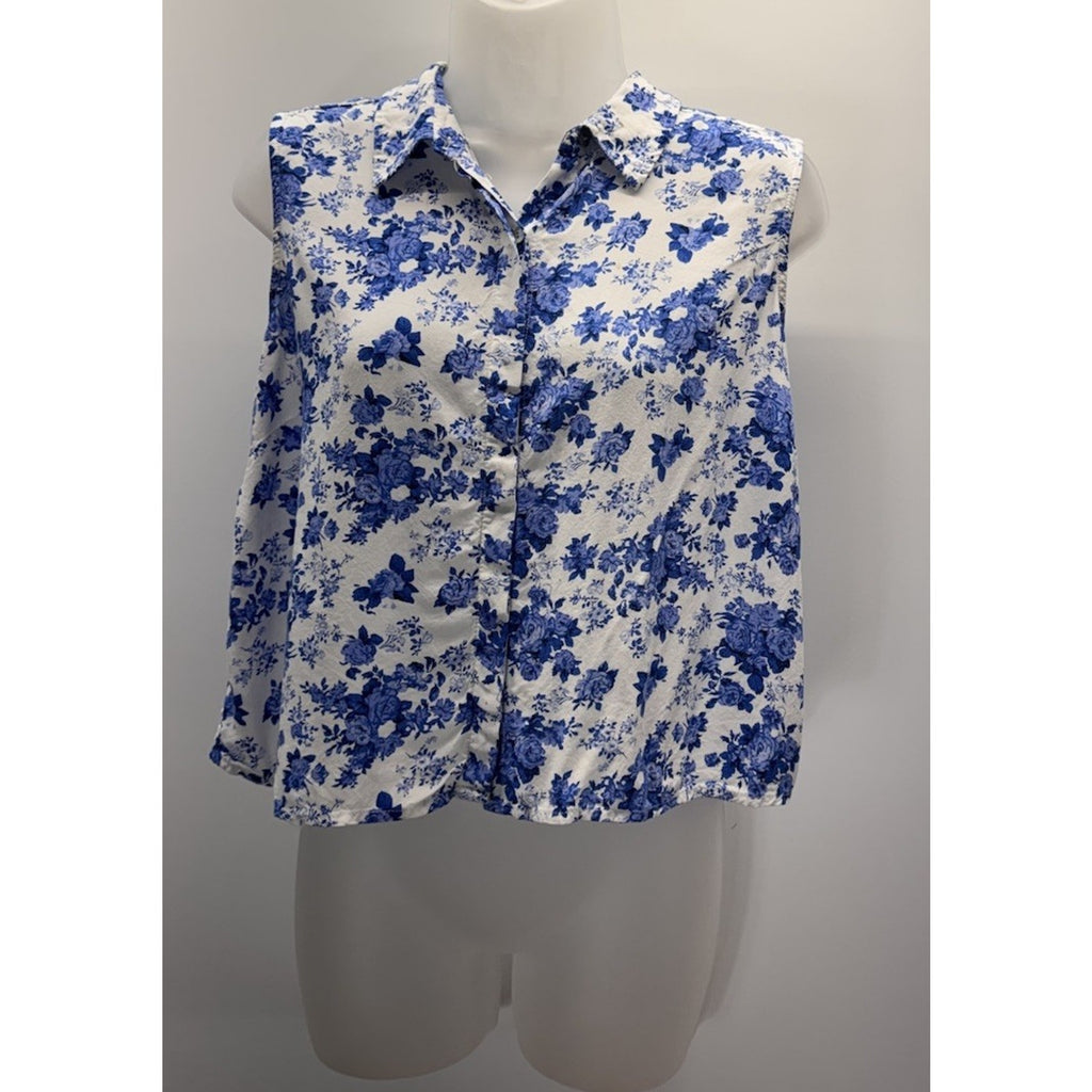 Forever 21 Womens Button Crop Top Blue Floral Open Back Sz L