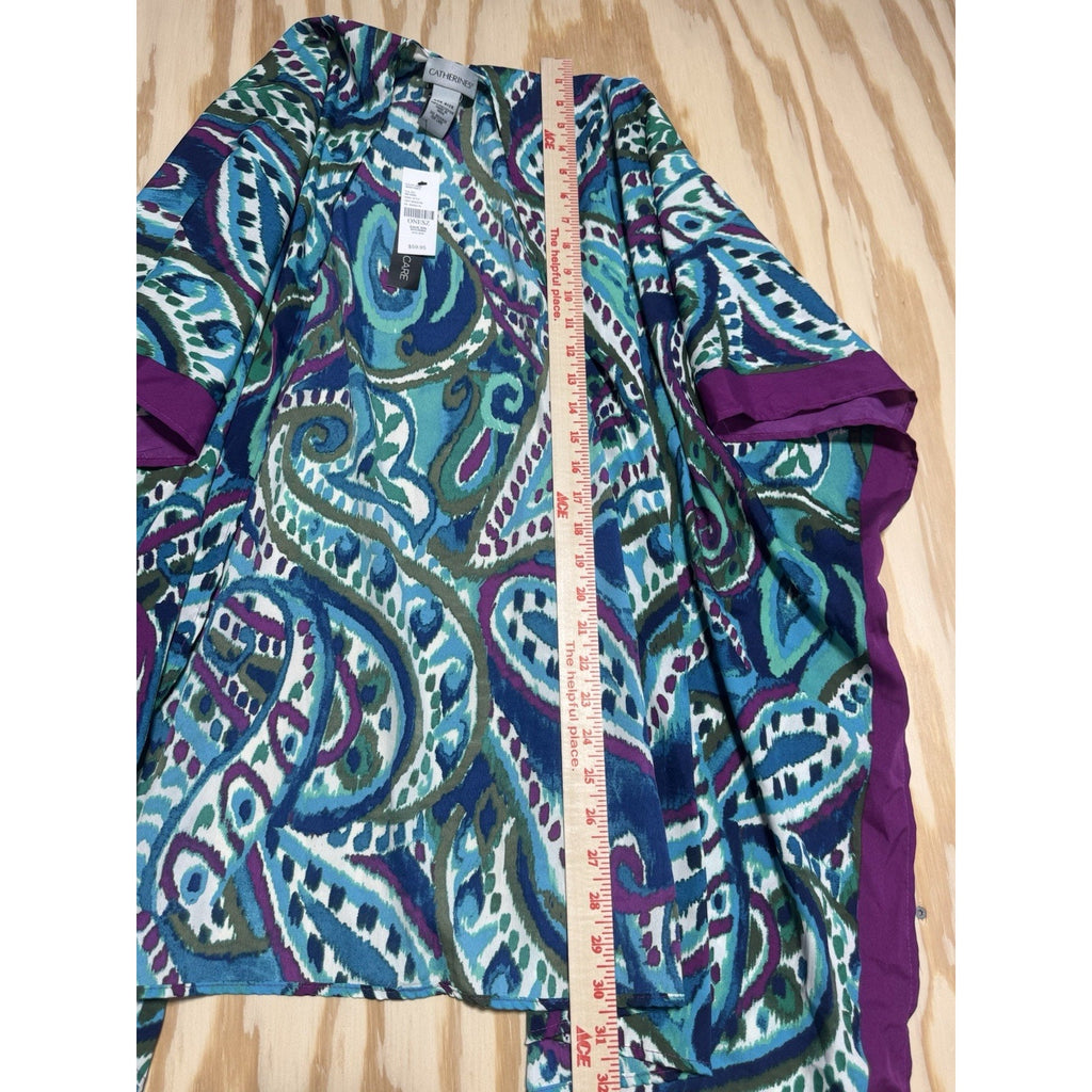 Catherines One Size Kimono Cover Up Blue Purple Paisley Sheer Open Front NWT