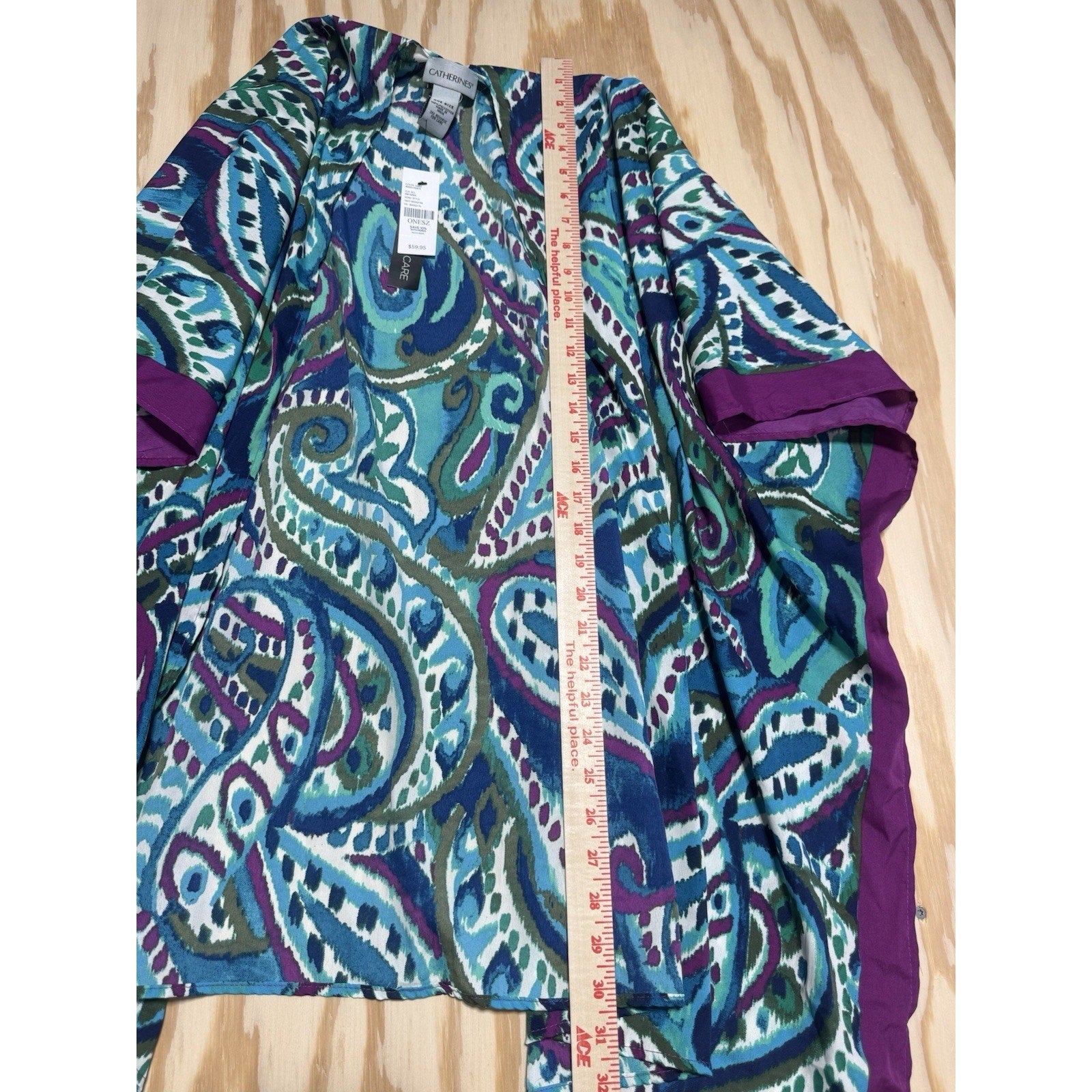 Catherines One Size Kimono Cover Up Blue Purple Paisley Sheer Open Front NWT