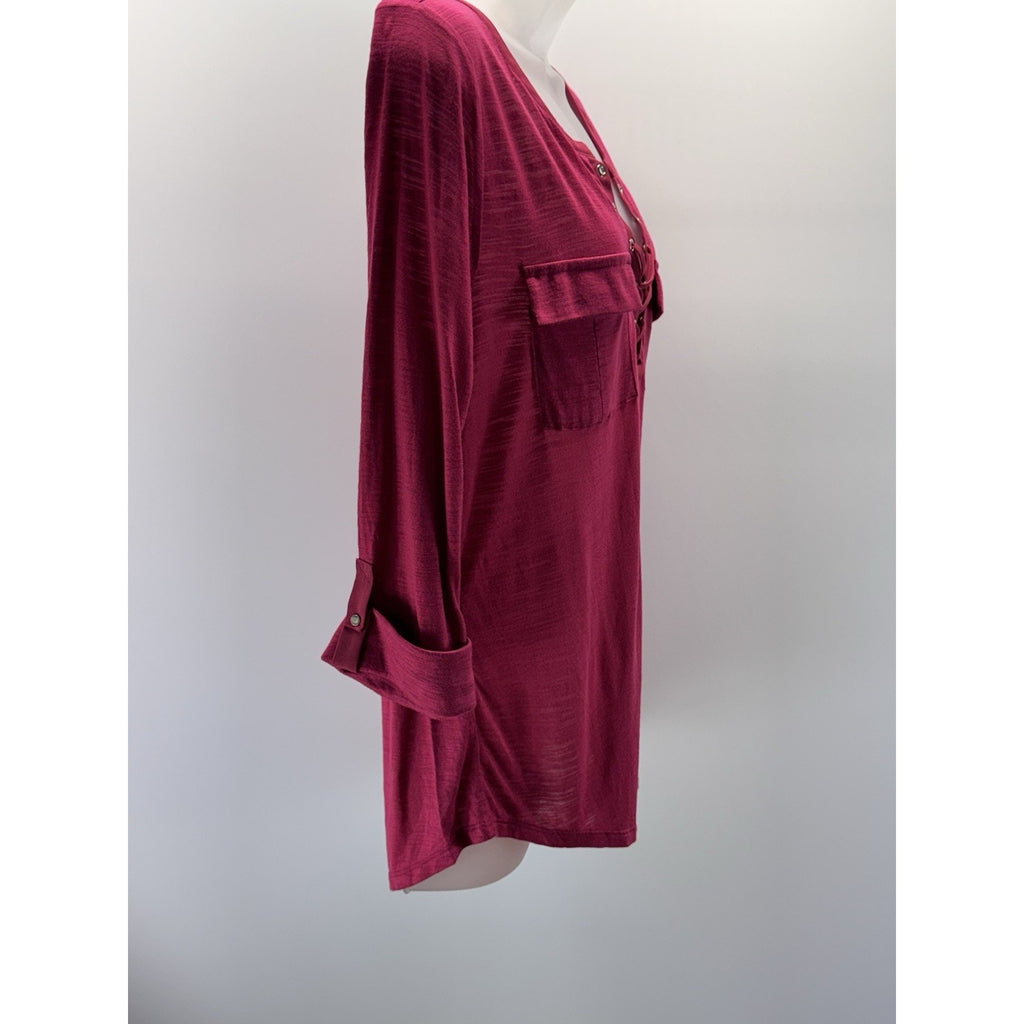 White House Black Market Fusia 1/4 Button Lace Up Pocket Tee Women’s Size M