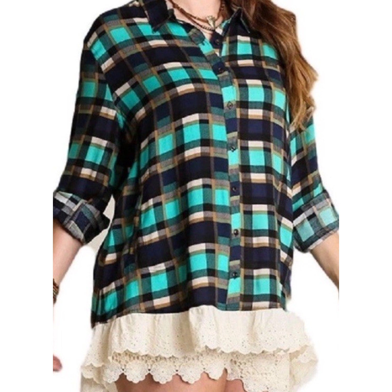 Umgee curvy Plaid Tunic with Lace blue green flannel button down Small