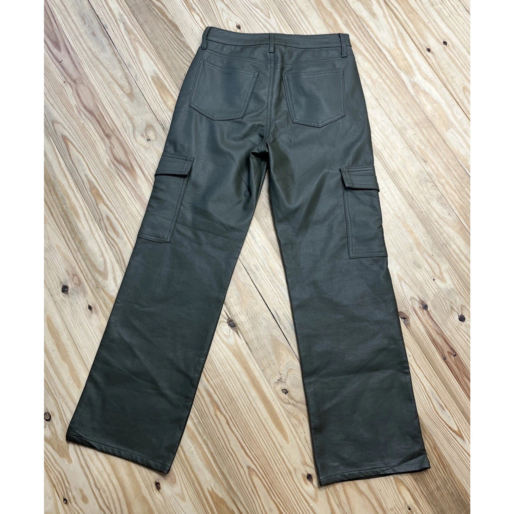 Tgla Womens Vegan Leather Cargo Straight Leg Olive Green Pants New Size 5/27