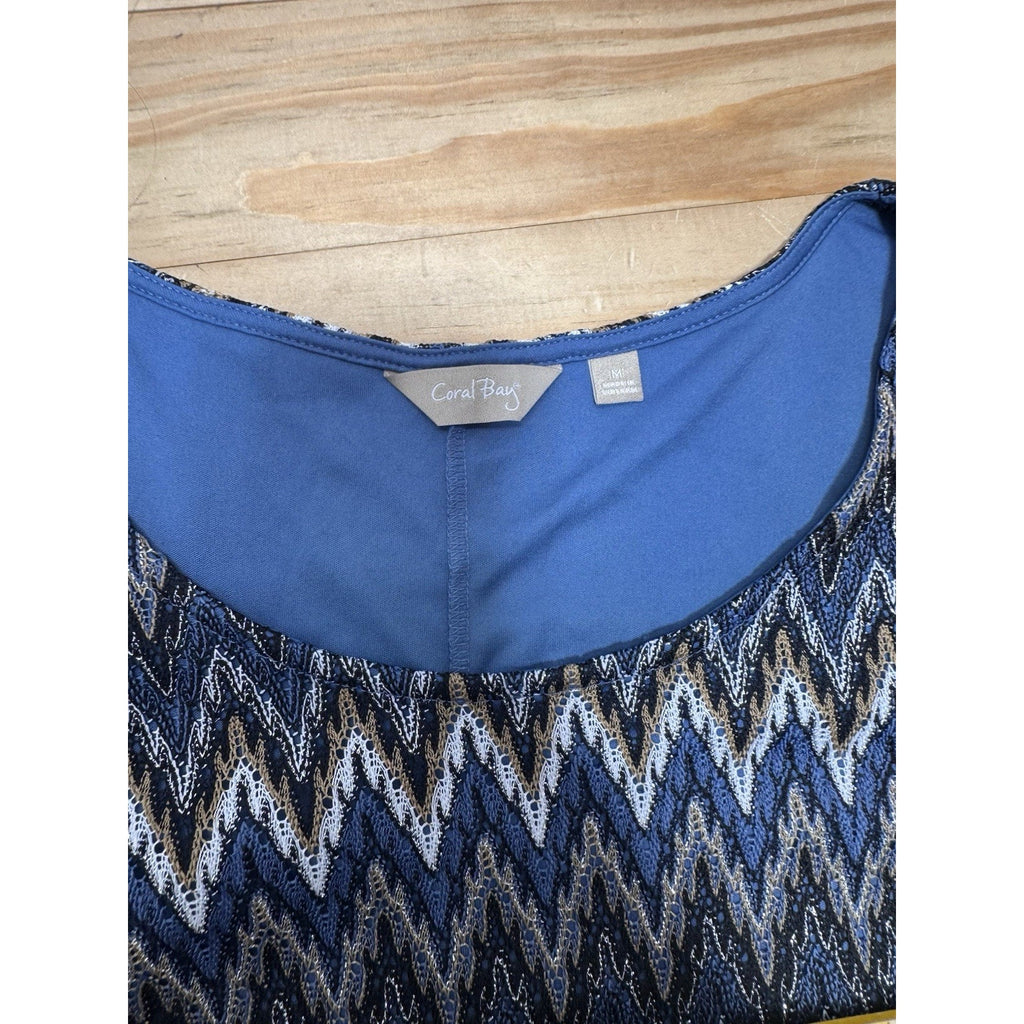Coral Bay Blue Gold Zig Zag Print Woven Mid Sleeve Tunic Top Size Medium