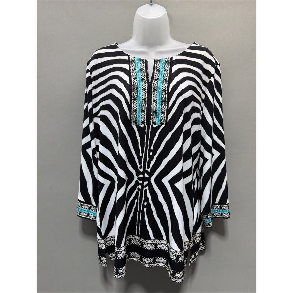 JM Collection Blouse Size L Black Animal Print Beads Boho Aztec V-Neck