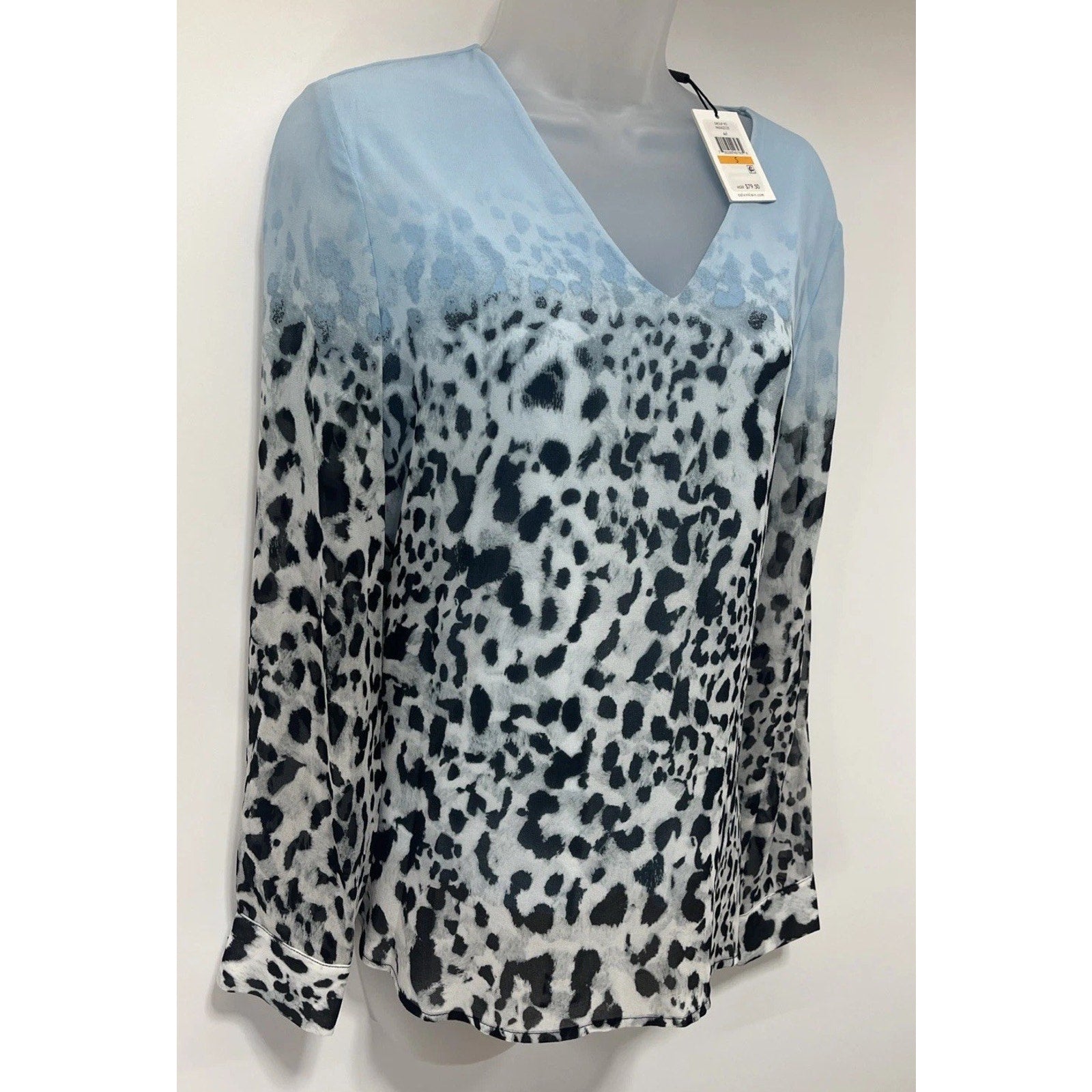 Calvin Klein Women’s Sz S Blue/snow Leopard Long Sleeve Lined V Neck Blouse NWT
