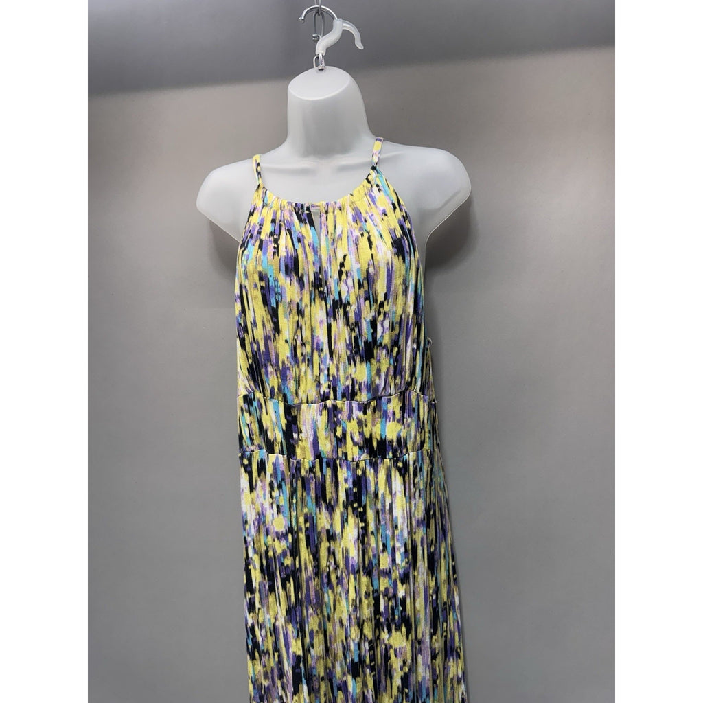 Alison Brittany Maxi Dress Women Large Yellow Purple Abstract Sleeveless Stretch
