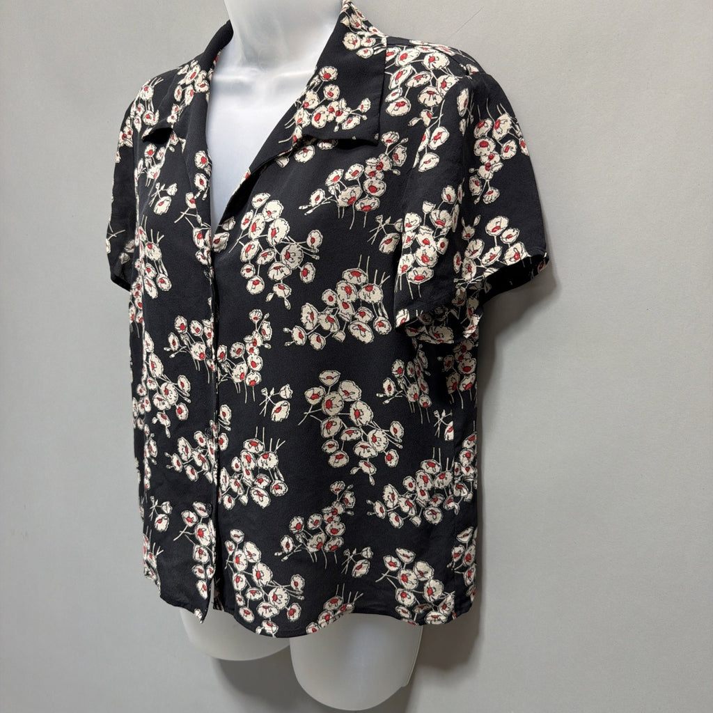 Jones New York Women’s 100% Silk Blouse Size 16 Black Floral Button Fits Small