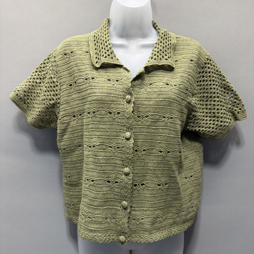 Vtg 90s Clio Green Ramie Cotton Crochet Button Cardigan Sweater Short Sleeve L