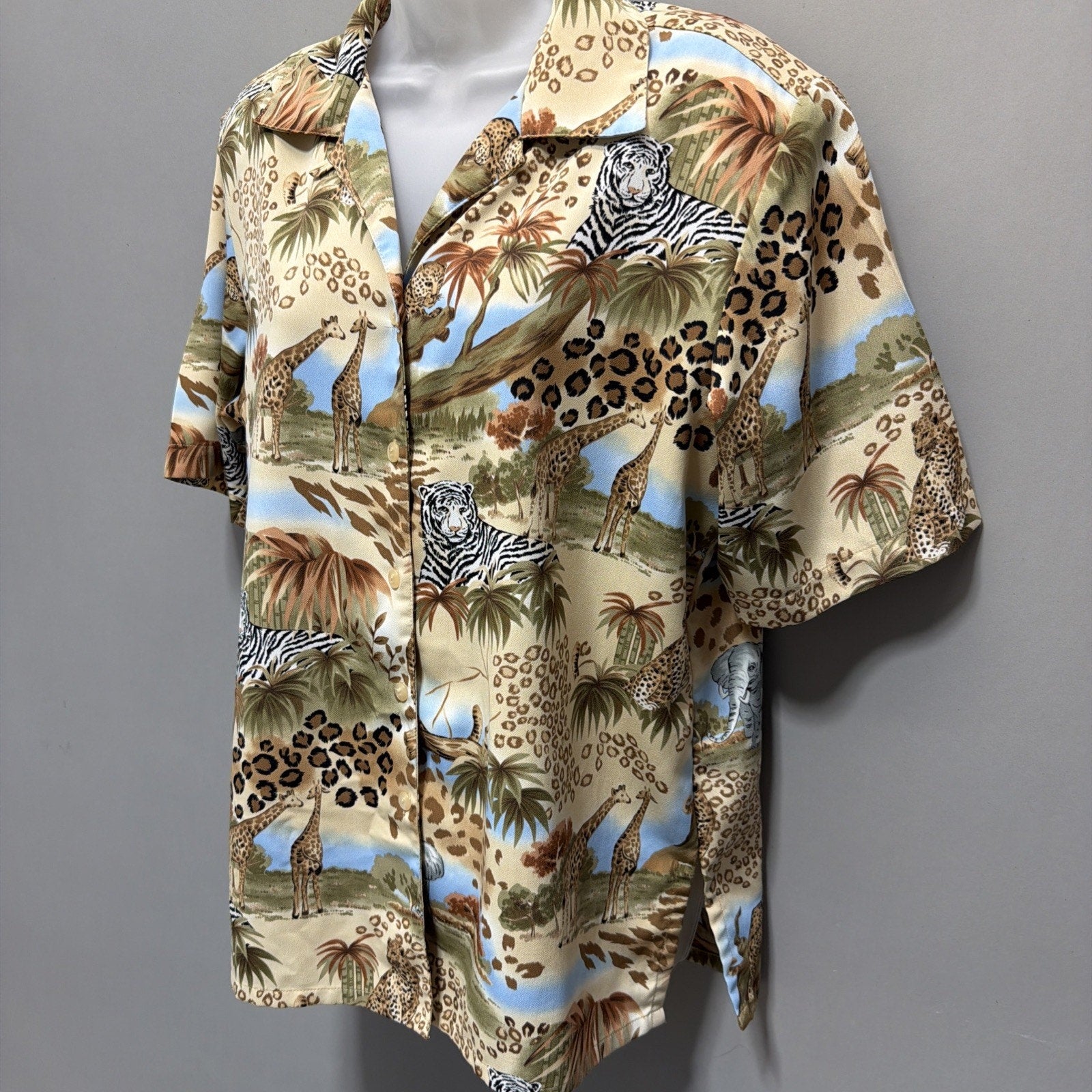 Vintage 90s Bon Worth Womens Casual Safari Animal Print Shirt Blouse Size Small